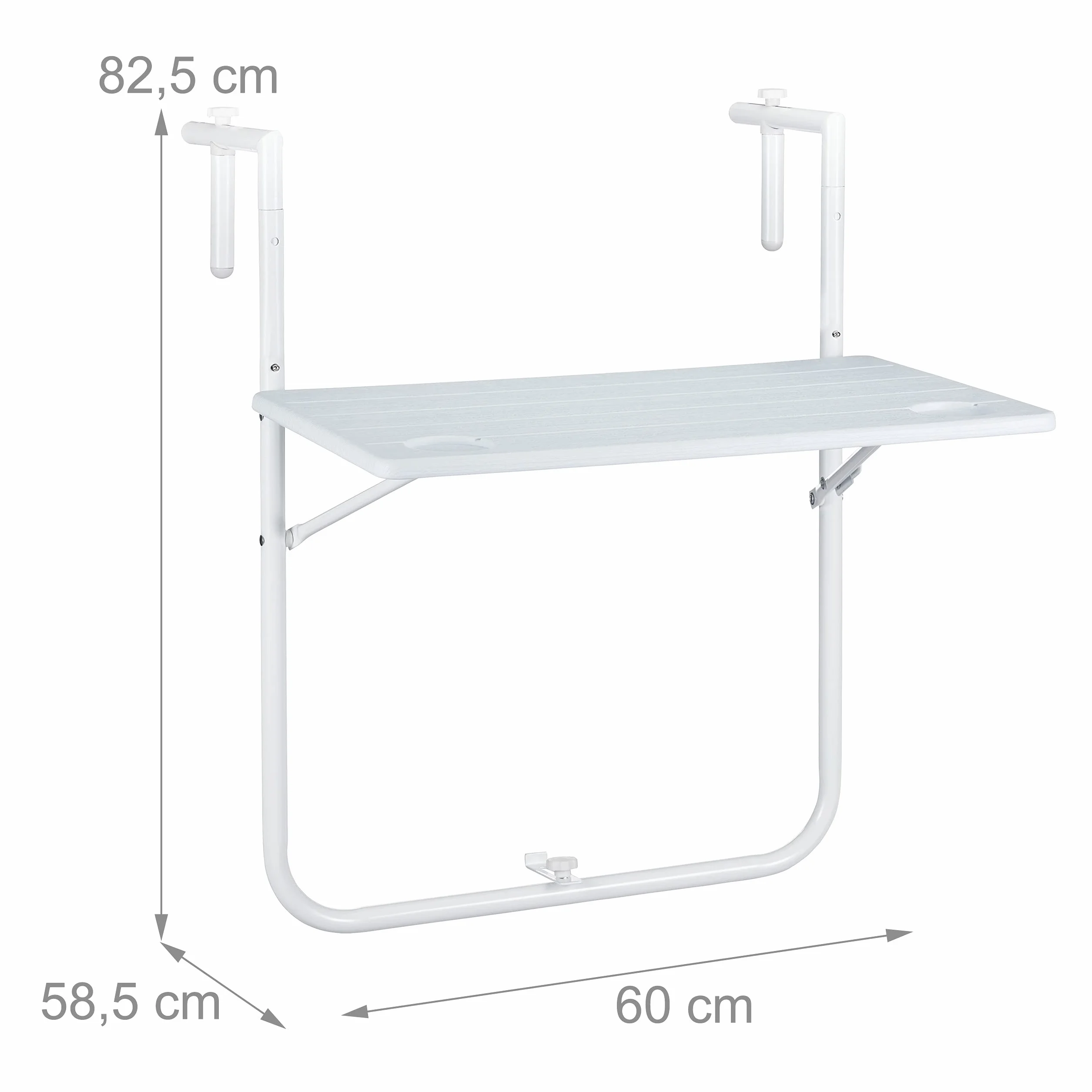 Relaxdays Tavolino Pieghevole per Balcone Regolabile 3 Altezze 59,5x35,5 cm Bianco