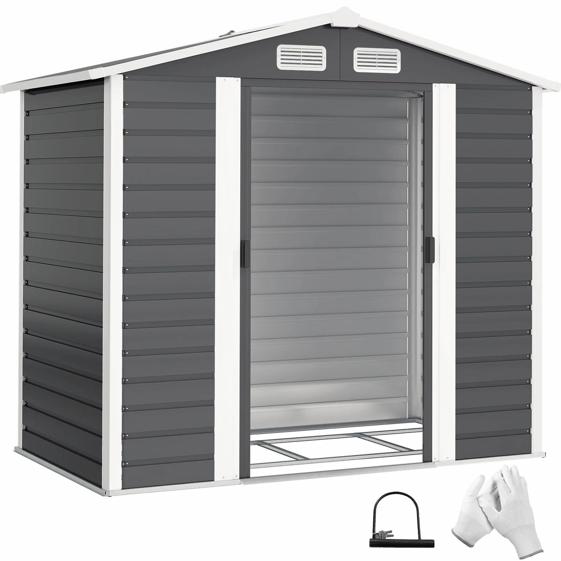 Outsunny Casetta da Giardino 2.36 m² Lamiera d'Acciaio 4 Prese d'Aria 2 Porte Scorrevoli Capanno Porta Attrezzi Tetto Inclinato 213x120x194 cm Grigio Scuro