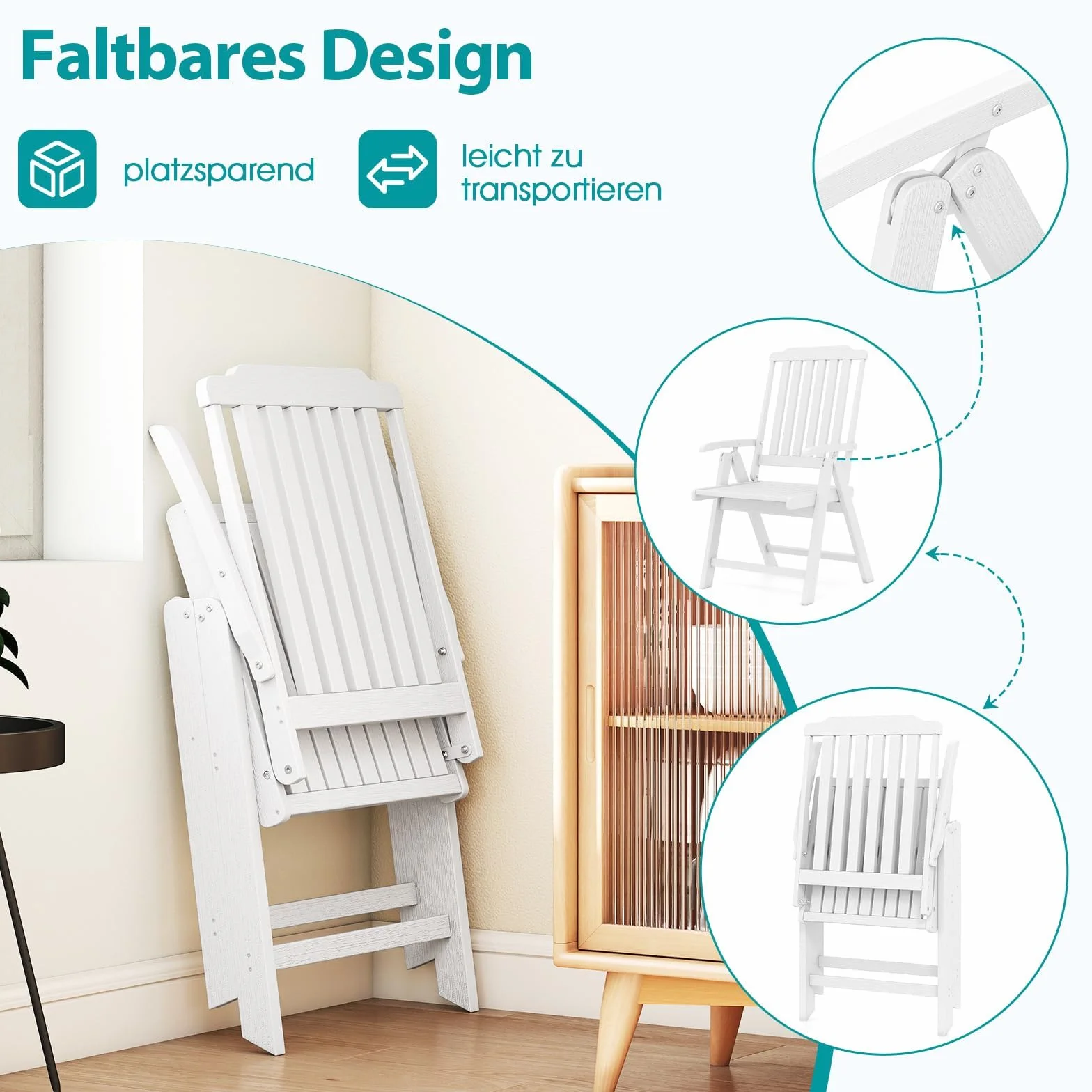 FANTASK Sedia da balcone in plastica effetto legno pieghevole 150 kg bianco