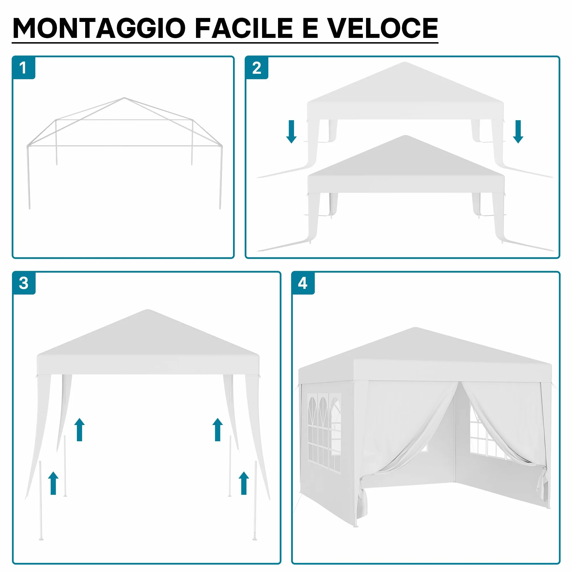 Wiltec Gazebo 3x3 m bianco protezione UV 50+ tendone da giardino lati rimovibili tenda da festa finestre