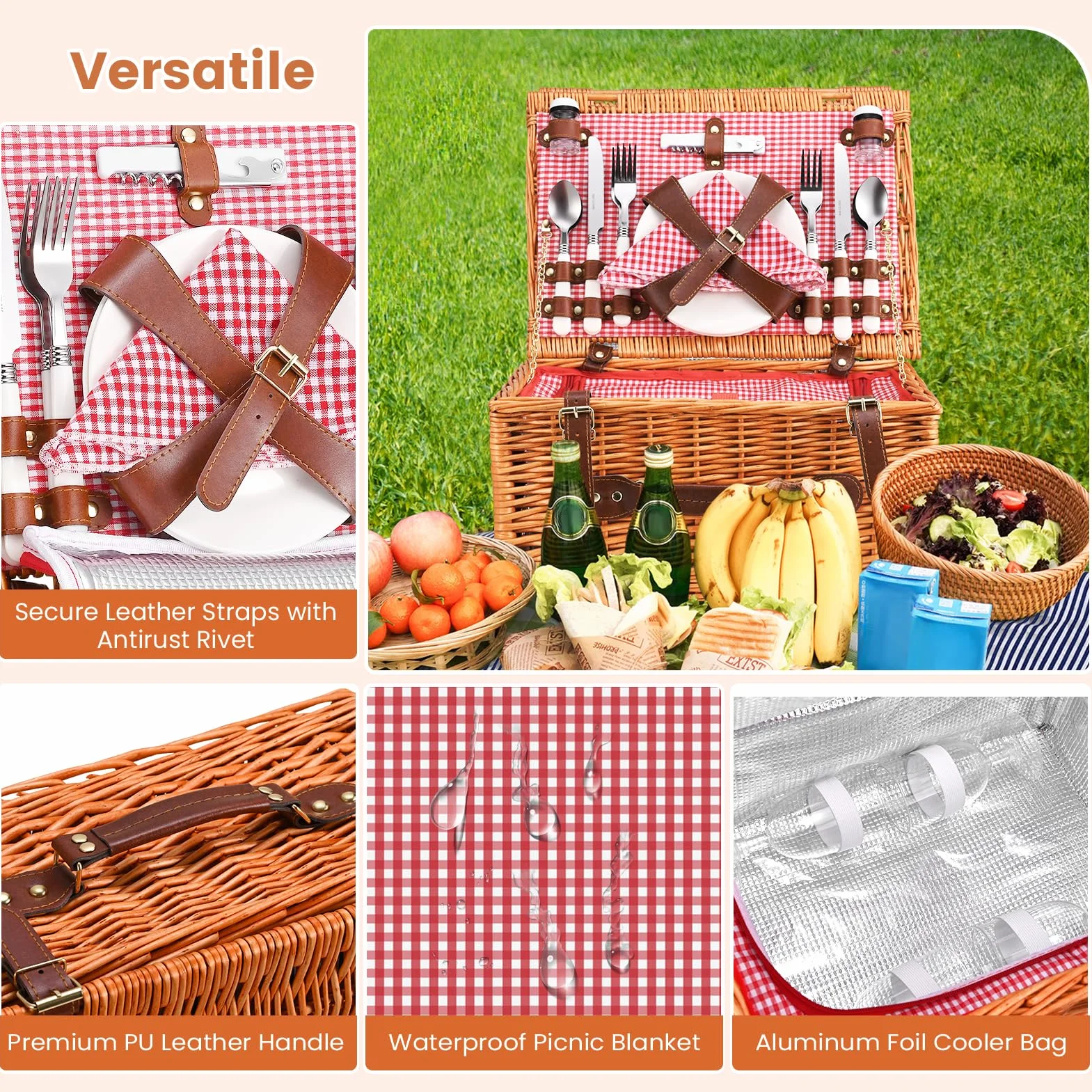 Cestino da Picnic in Vimini per 4 Persone, Termico, Impermeabile, Rosso