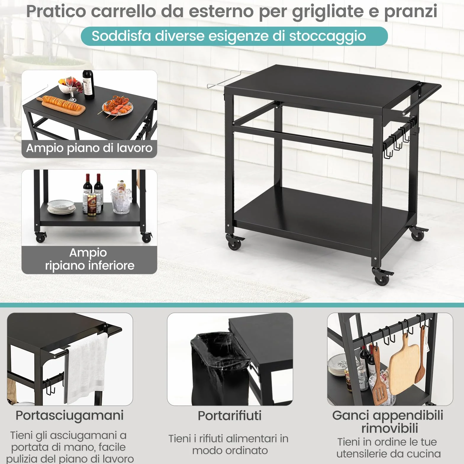 COSTWAY Carrello Barbecue da Esterno in Metallo con 2 Ripiani, 4 Ruote Bloccabili, Ganci, Maniglia Laterale