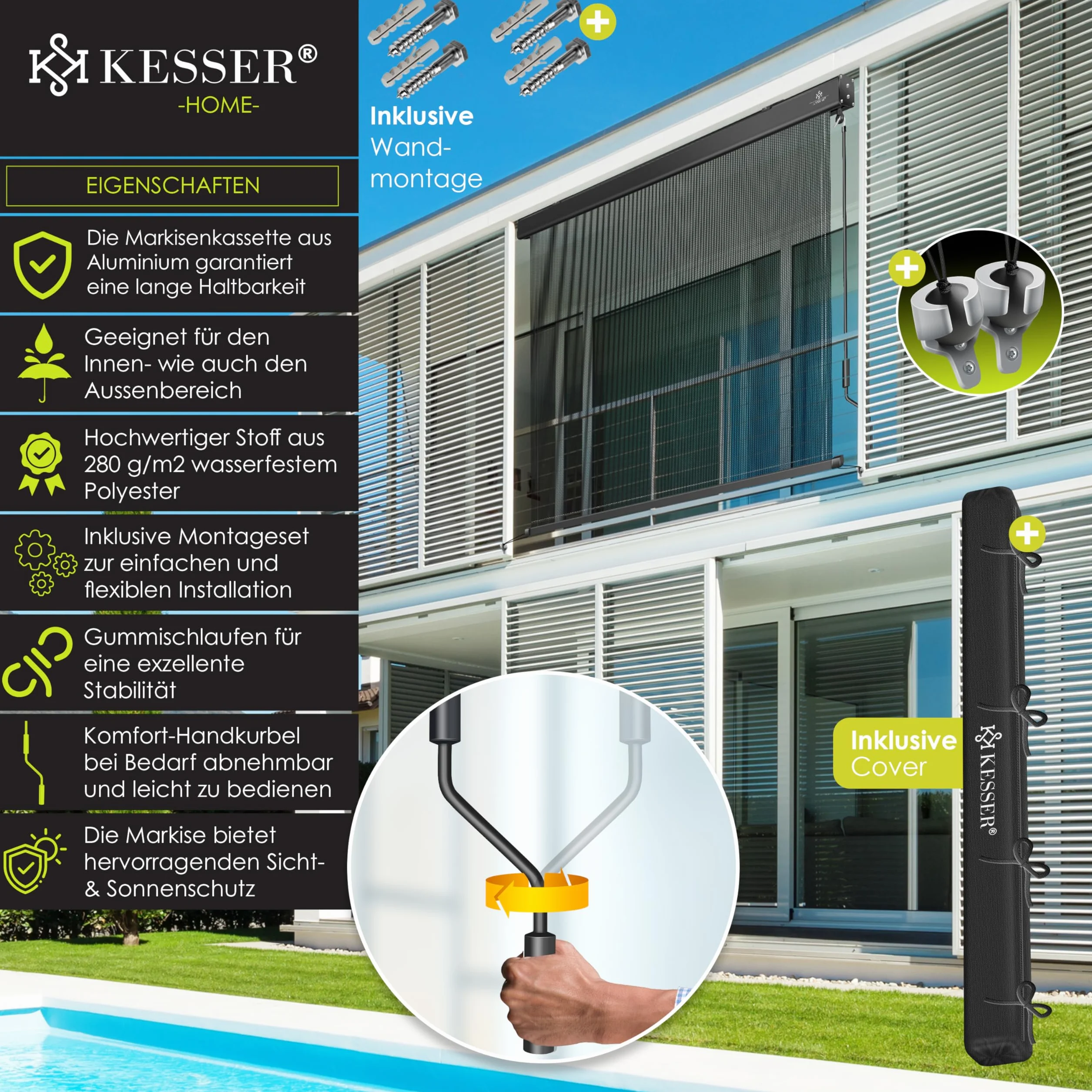 KESSER Tenda a rullo verticale 140 x 250 cm meccanismo a manovella protezione solare privacy balcone terrazza kit montaggio