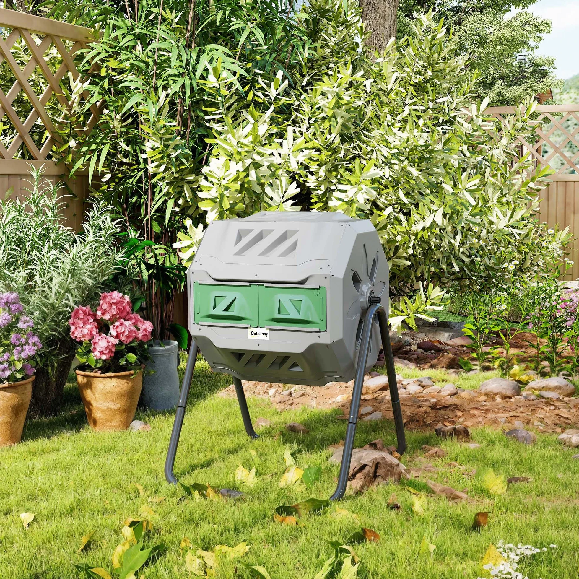 Outsunny Compostiera da Giardino Girevole 2 Sezioni 8 Prese d'Aria Acciaio PP 160 L 71x65x96 cm Grigio