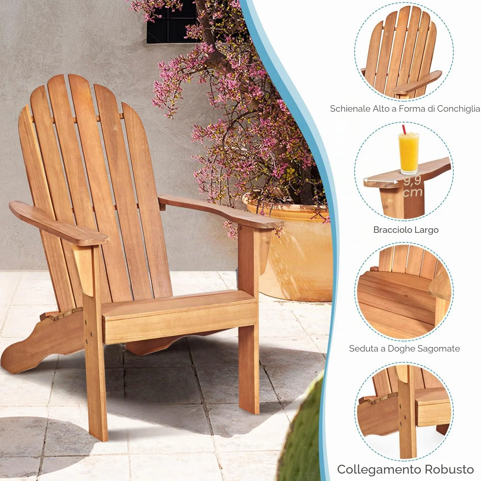 GIANTEX Sedia Adirondack da Giardino, Poltrona in Legno, Pausa da Esterno, Schienale a 6 Righe, Ideale per Estate, Portata di 160kg, 69x88x103cm, Grigio/Naturale/Bianco (naturale)