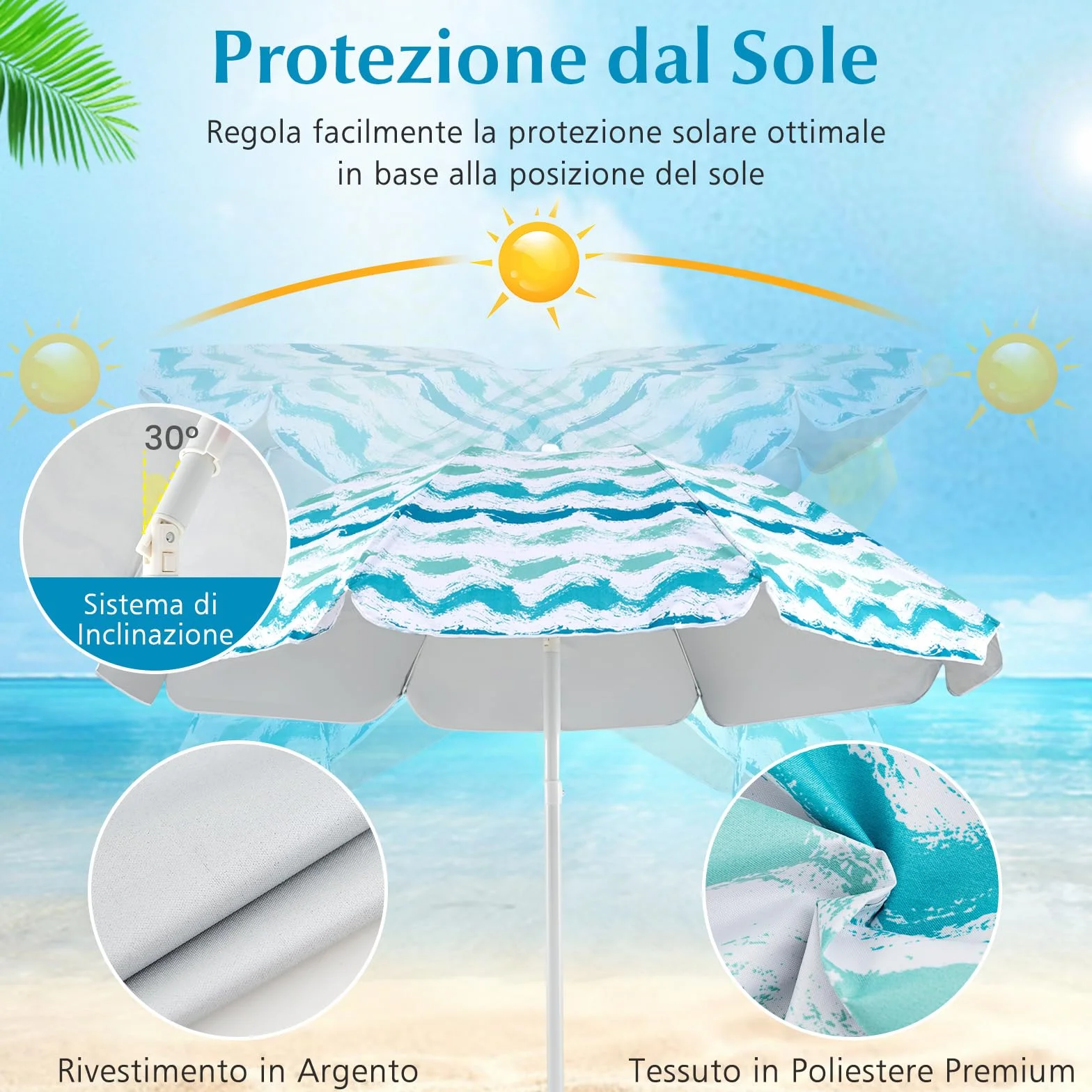COSTWAY Set da Spiaggia di 4 Pezzi con Ombrellone, 2 Sedie Pieghevoli, Coperta da Picnic, Parasole Portatile per Esterni con Meccanismo di Inclinazione, Portabicchieri, Braccioli