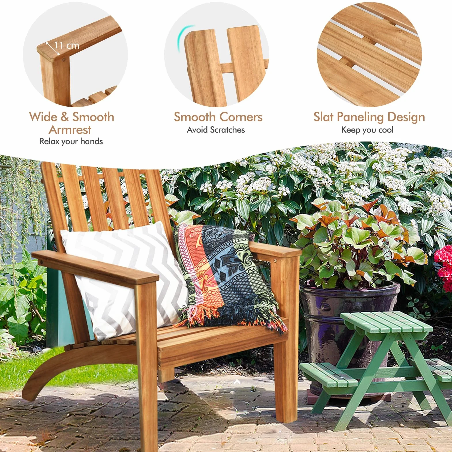 KOMFOTTEU Adirondack - Sedia da giardino in legno di acacia, con schienale e braccioli, ergonomica, da giardino fino a 160 kg, per balcone, giardino, spiaggia (naturale)