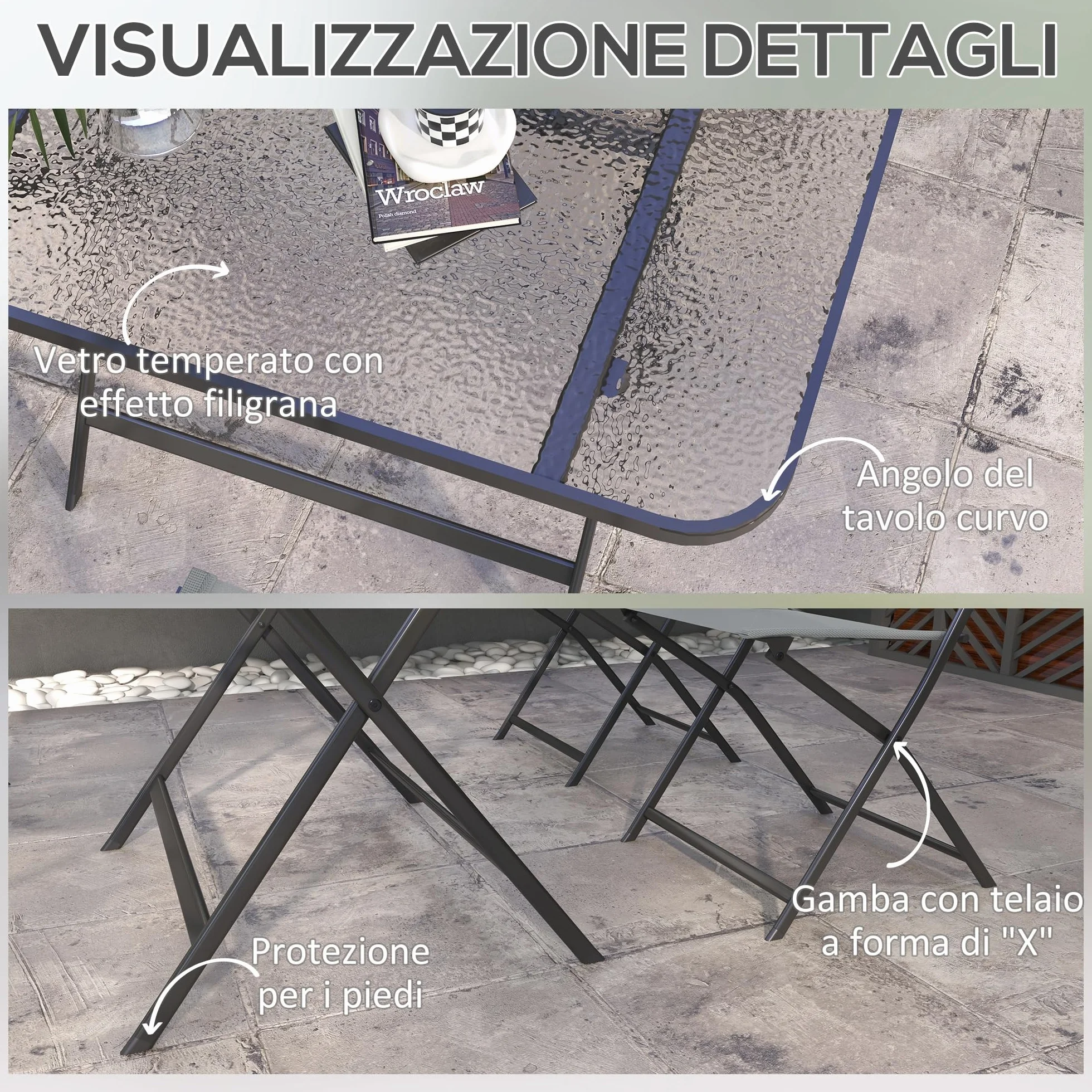 Outsunny Set Tavolo e Sedie da Giardino 5 Pezzi Pieghevole, Metallo, Grigio