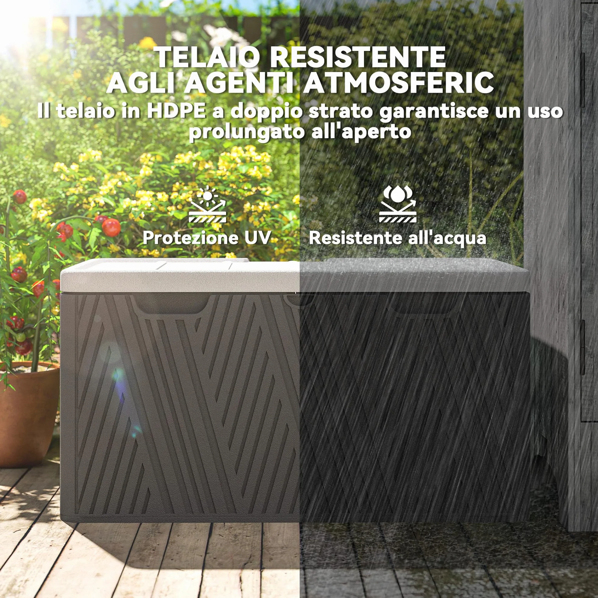 Outsunny Baule da Esterno da 380L Impermeabile in HDPE, Cassapanca Contenitore da Esterno con Coperchio a Leva e 2 Maniglie Laterali, Protezione UV, 115x60x60 cm, Nero e Grigio