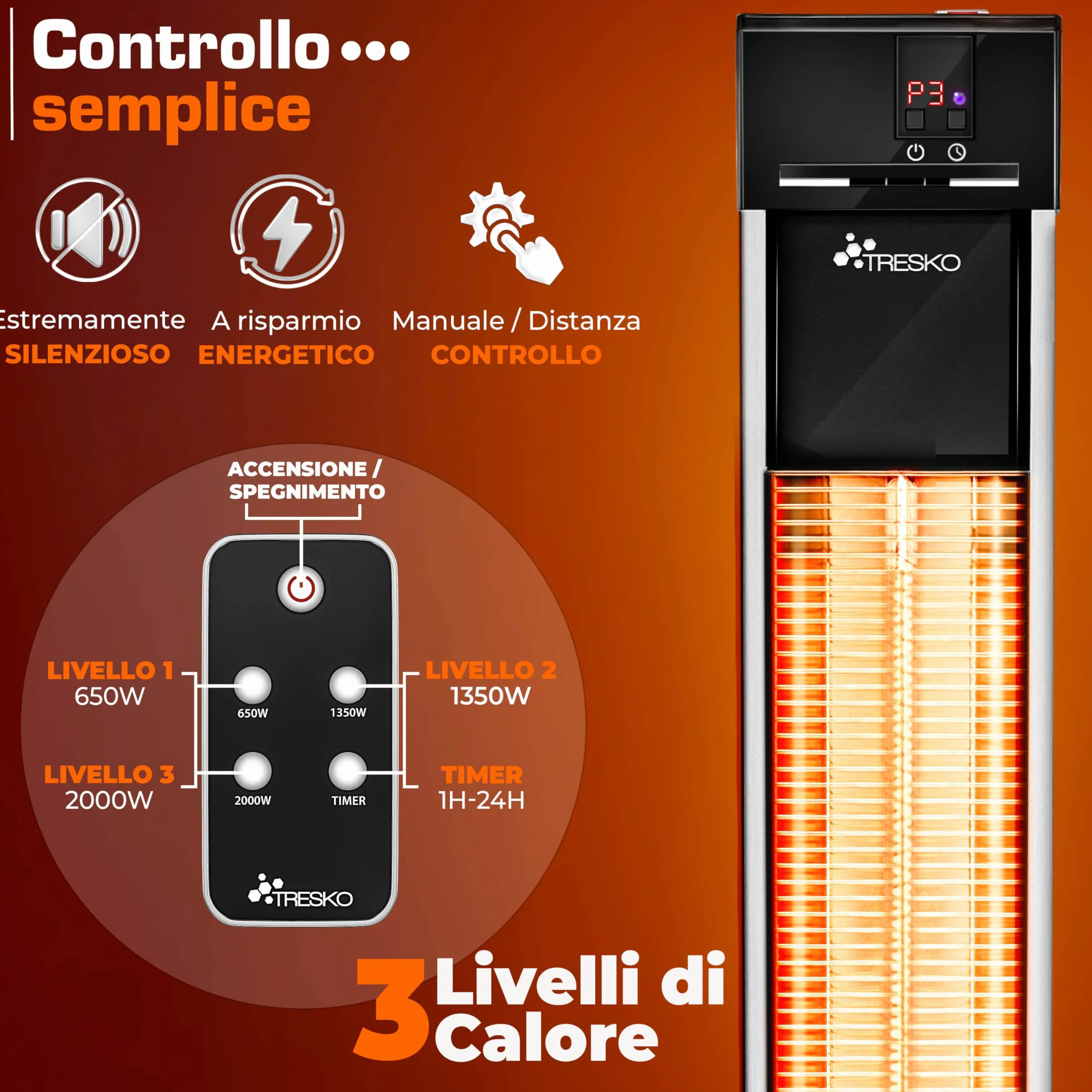 TRESKO Stufa a Infrarossi 2000W Torre Telecomando 3 Livelli Calore Riscaldatore Elettrico da Terrazzo