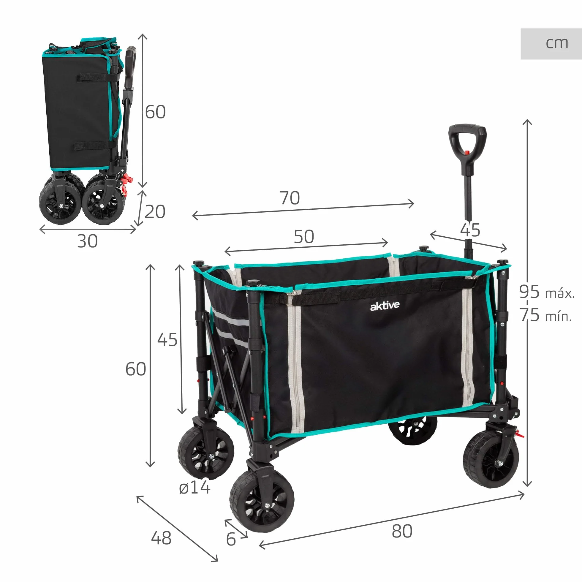 AKTIVE Carrello pieghevole da spiaggia ruote fuoristrada 60 kg acciaio poliestere 70x45x95 cm