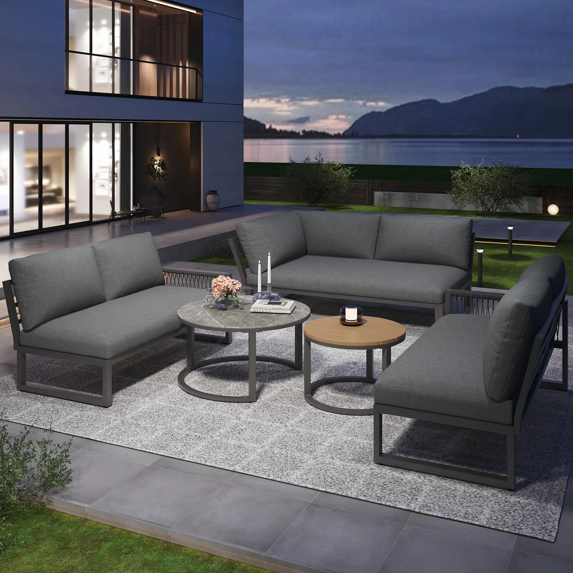 Soweiz Set di mobili da giardino per 6-7 persone divano ad angolo ferro zincato gambe regolabili cuscini seduta schiena 123x68x86 cm