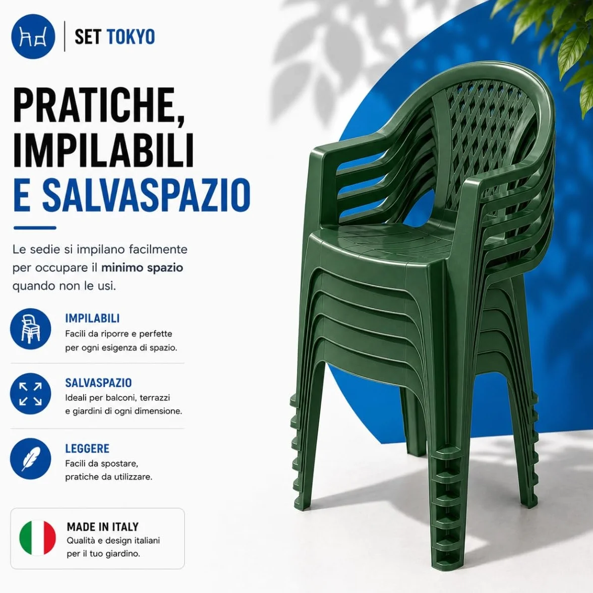 Tomaino Set Tokyo Tavolo da Giardino con 4 Sedie Impilabili con Braccioli Polipropilene Verde