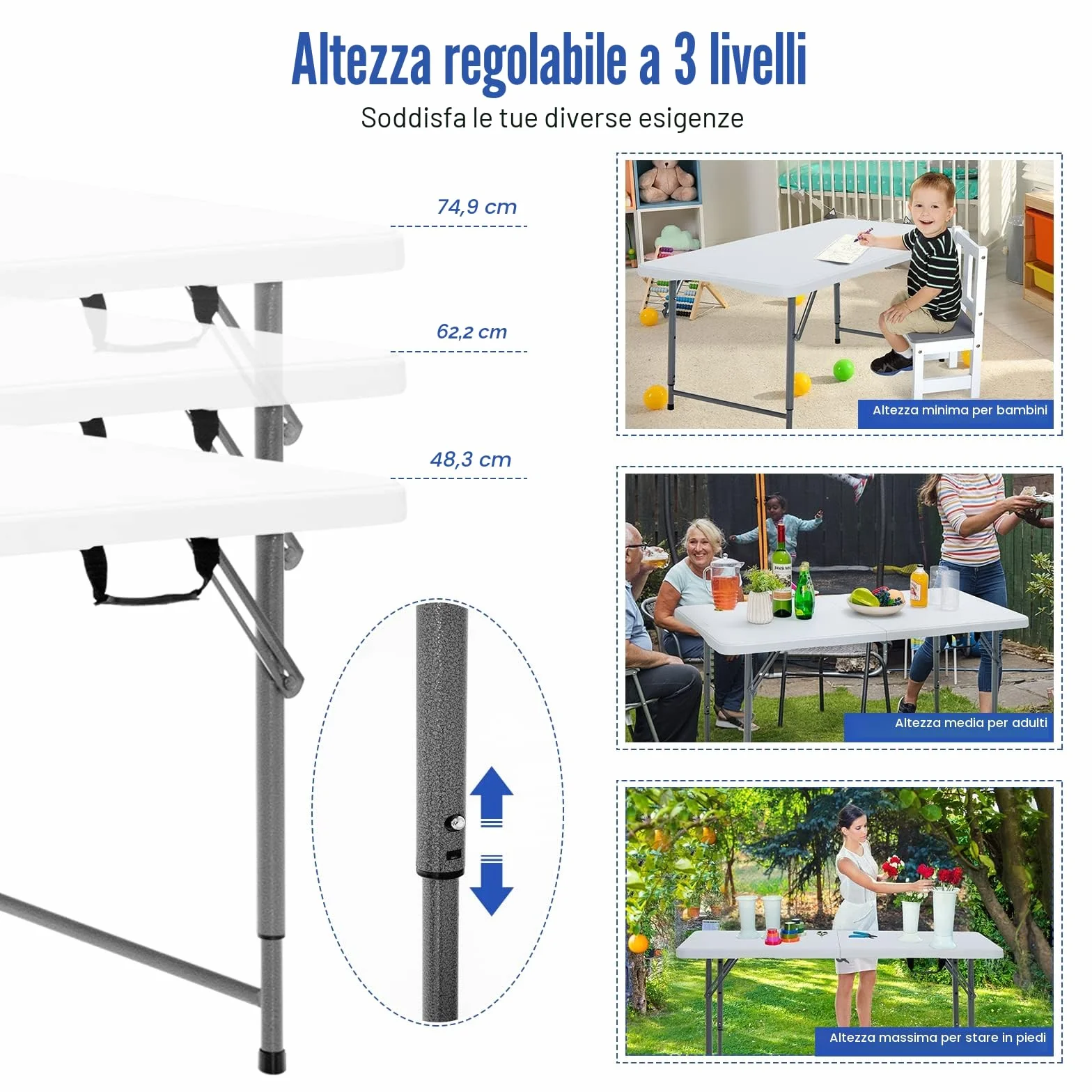 KOMFOTTEU Tavolo Pieghevole Regolabile in Altezza 120x60x74,5 cm Bianco HDPE Ferro Campeggio Picnic