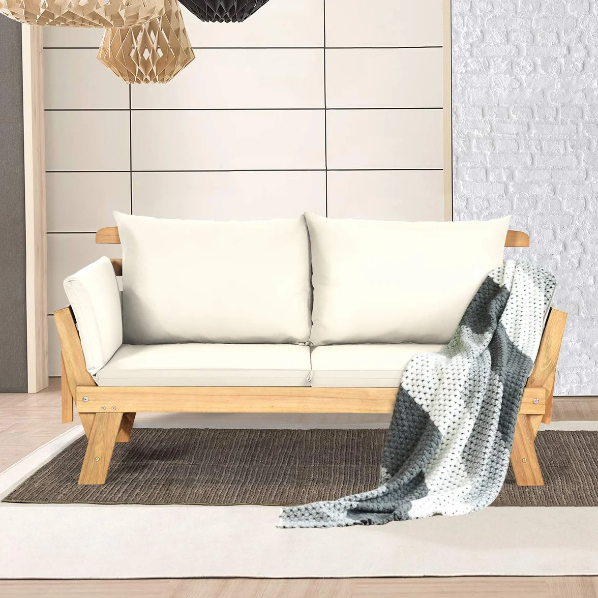 GIANTEX Divano Esterno da Giardino 2 Posti con Cuscino，Set da Giardino in Legno Certificato FSC®，Sdraio da Giardino Pieghevole da 2 Persone,153/194 x 72 x 76 cm，Beige/Grigio
