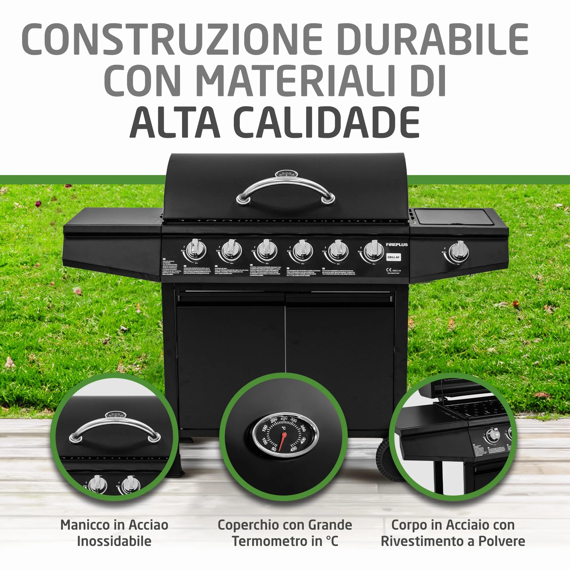 Barbecue a gas Fireplus 6+1 12,9 kW Acciaio inox nero GRILL-6F 7 bruciatori 138x52x103 cm