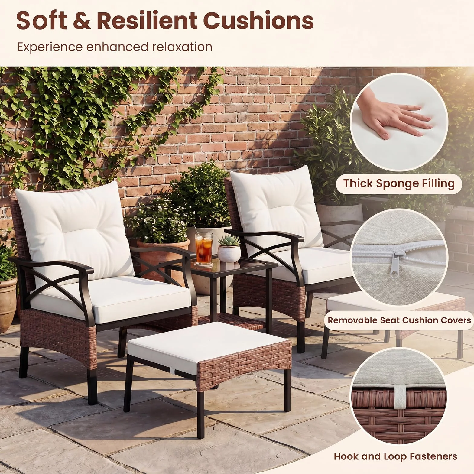 GIANTEX Set da Giardino in Rattan per 2 Persone con Poltrone e Sgabello