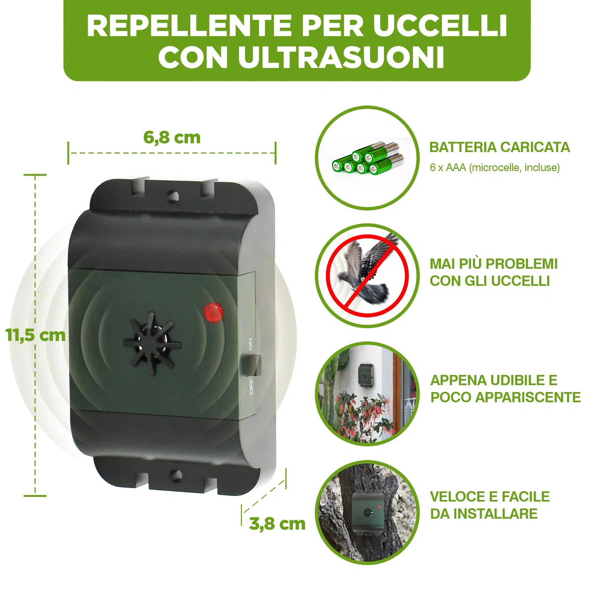 ISOTRONIC dissuasore uccelli ultrasuoni piccioni passeri gabbiani corvi batteria balconi tetti giardini raggio 40m² 3 unità efficace esterno protezione difesa stop volatili ecologico mobile