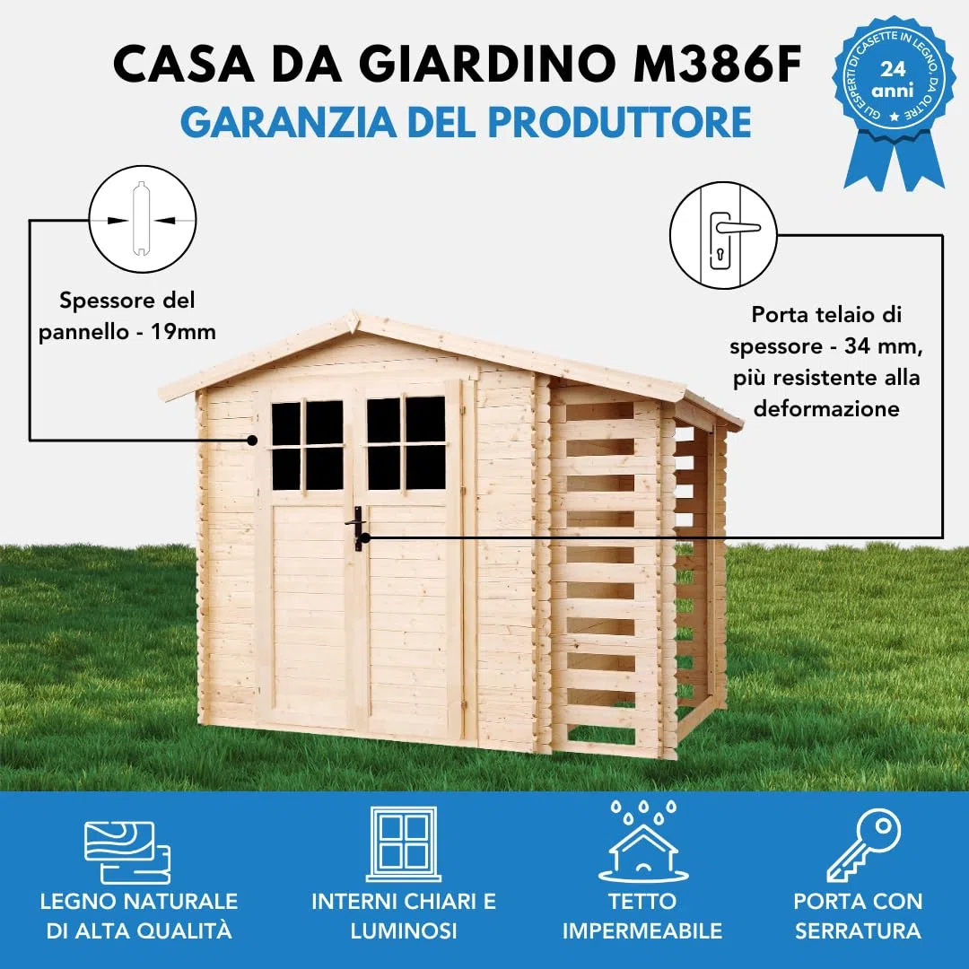 Casetta Giardino - Casetta da Giardino in Legno con Legnaia da Esterno con serratura di alta qualità L206xL272xA218 cm/ 3,53 m2 + 0,97 m2 - Piccola Casetta in Legno, Rimessa Attrezzi TIMBELA M386F
