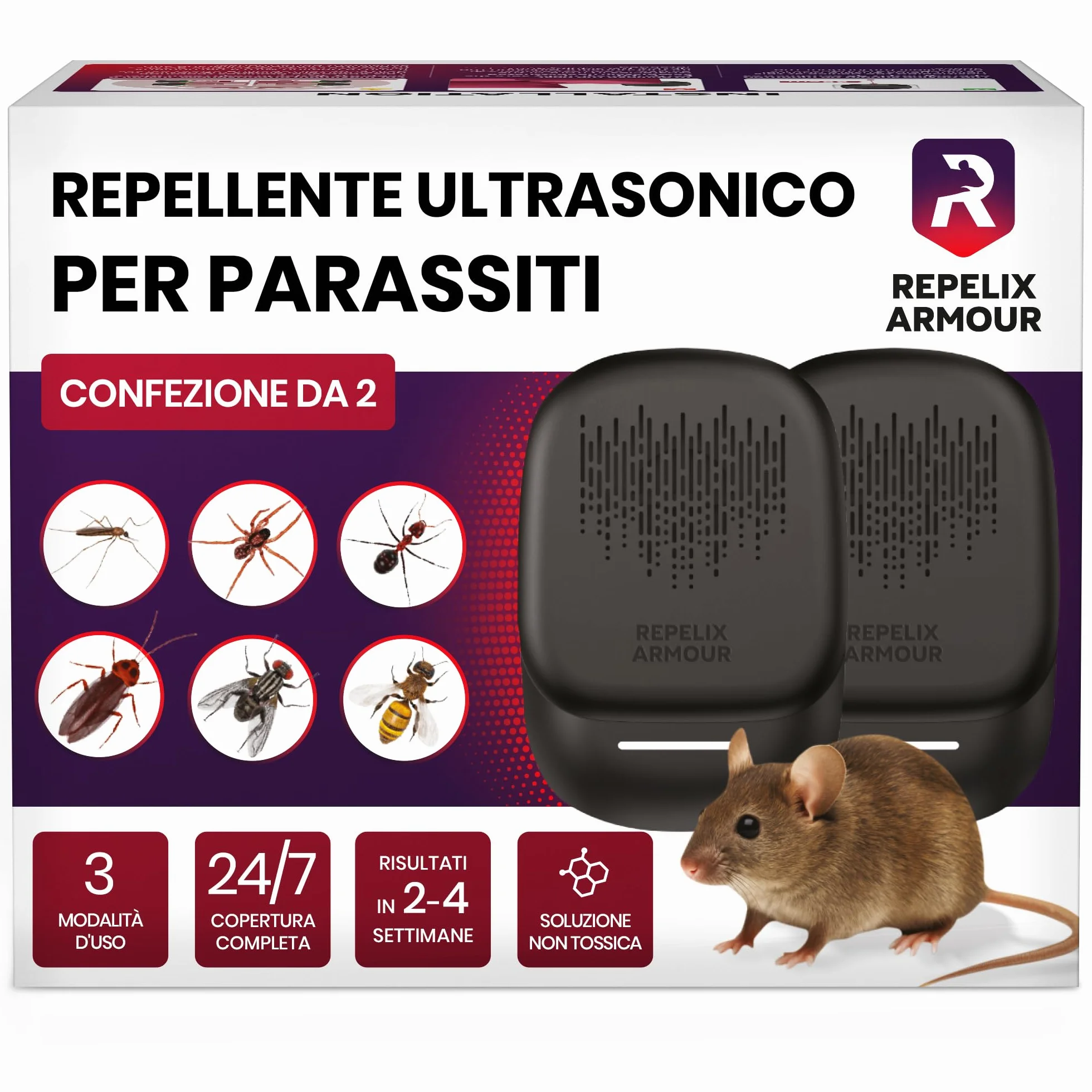 Repellente ultrasonico per parassiti da interno 140m² 3 modalità Confezione da 2