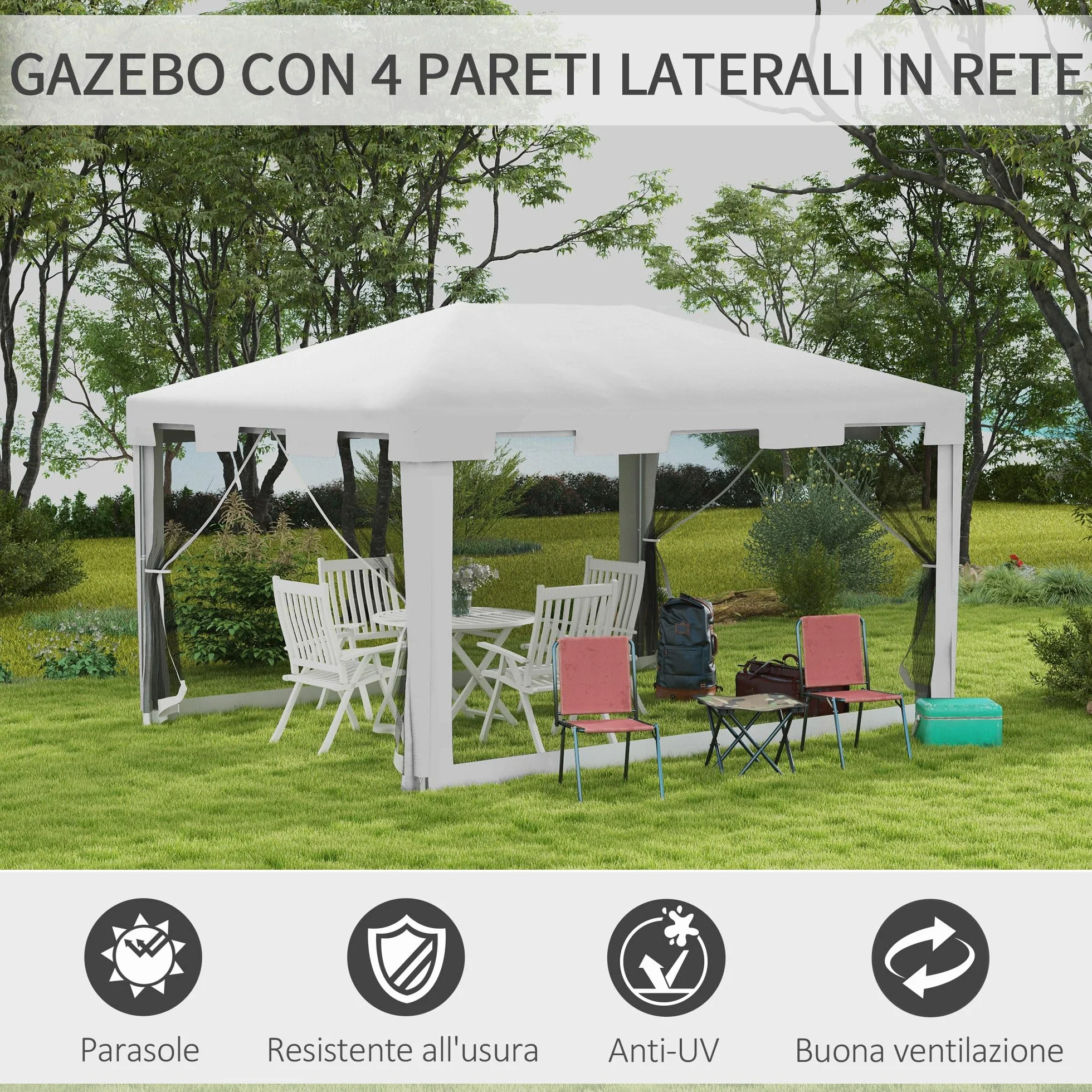 Outsunny Gazebo 4x3 m con Zanzariera e 2 Ingressi, Gazebo da Giardino in Metallo e PE, Bianco e Nero