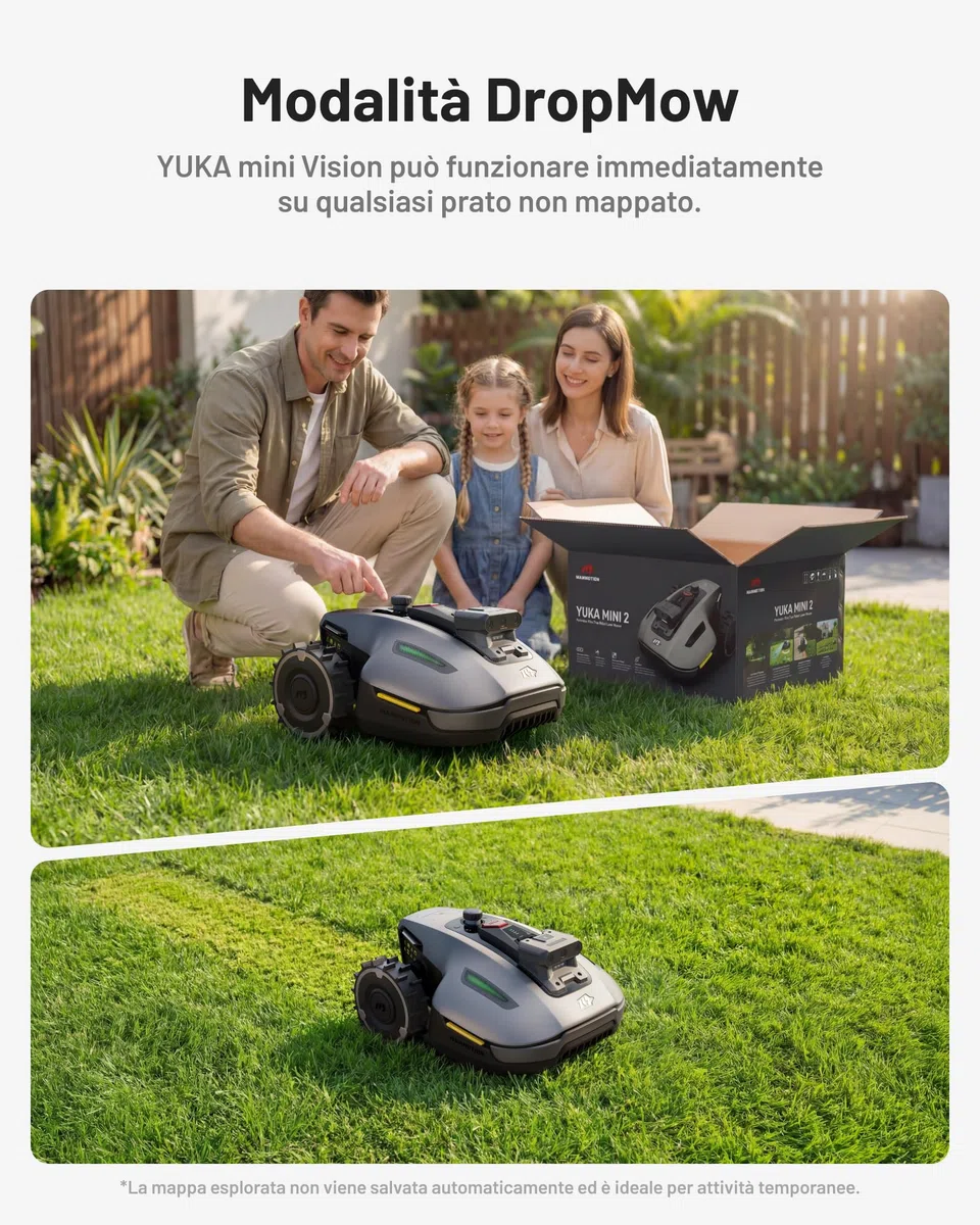 MAMMOTION YUKA mini 2 500 Robot Tagliaerba senza Filo Perimetrale, Nessuna Perdita di Segnale, Senza RTK, Visione AI Tri-Cam, DropMow, Mappatura Auto Multi-zona
