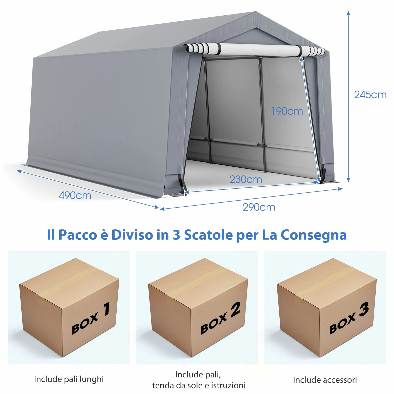 COSTWAY Tendone Garage 2,9 x 4,9 m Telaio in Acciaio Zincato Travi Triangolari Rinforzate Grigio
