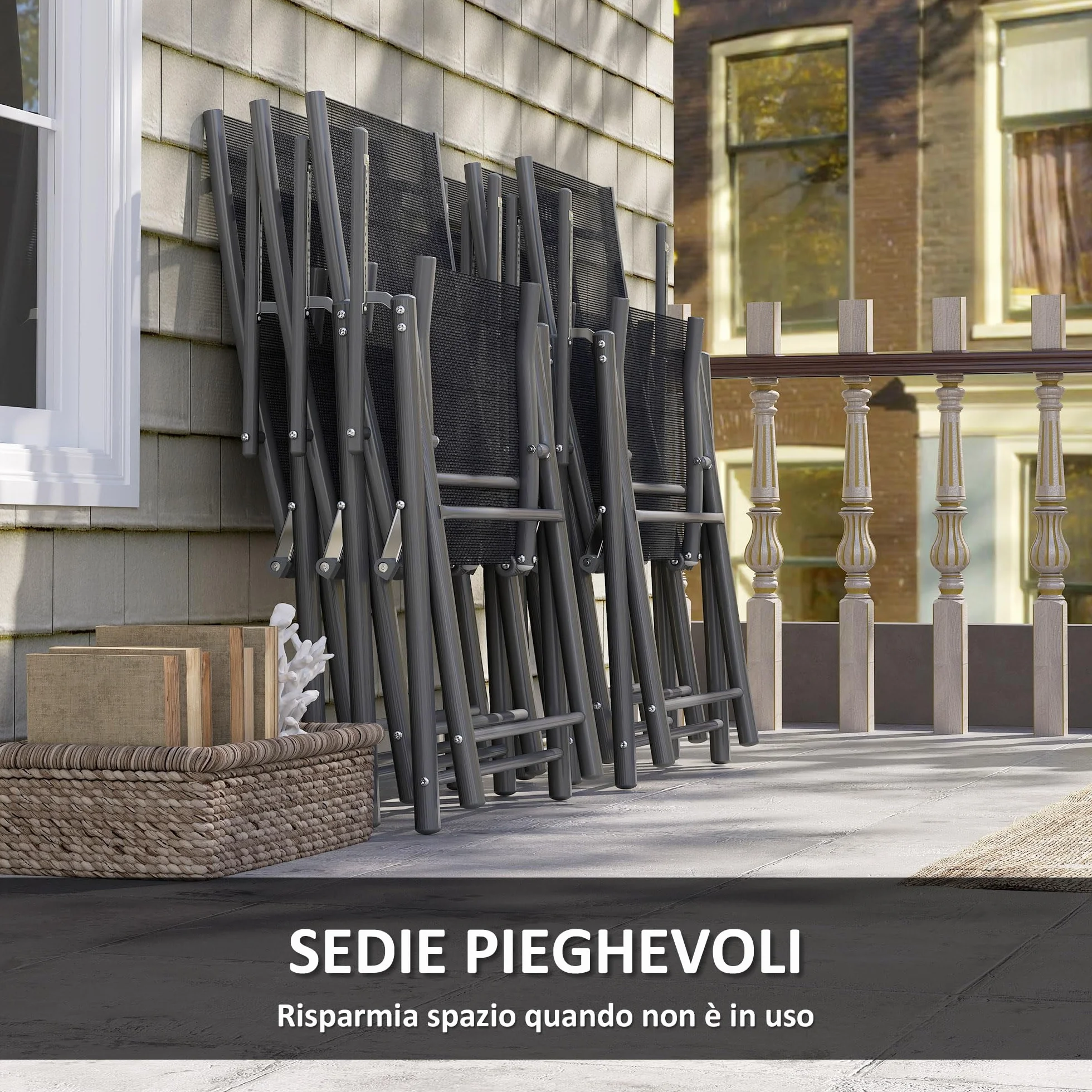 Outsunny Set Tavolo e Sedie da Esterno 7 Pezzi, Tavolo Allungabile con Piano in Vetro, 6 Sedie Pieghevoli con Braccioli, Acciaio e Textilene, Grigio