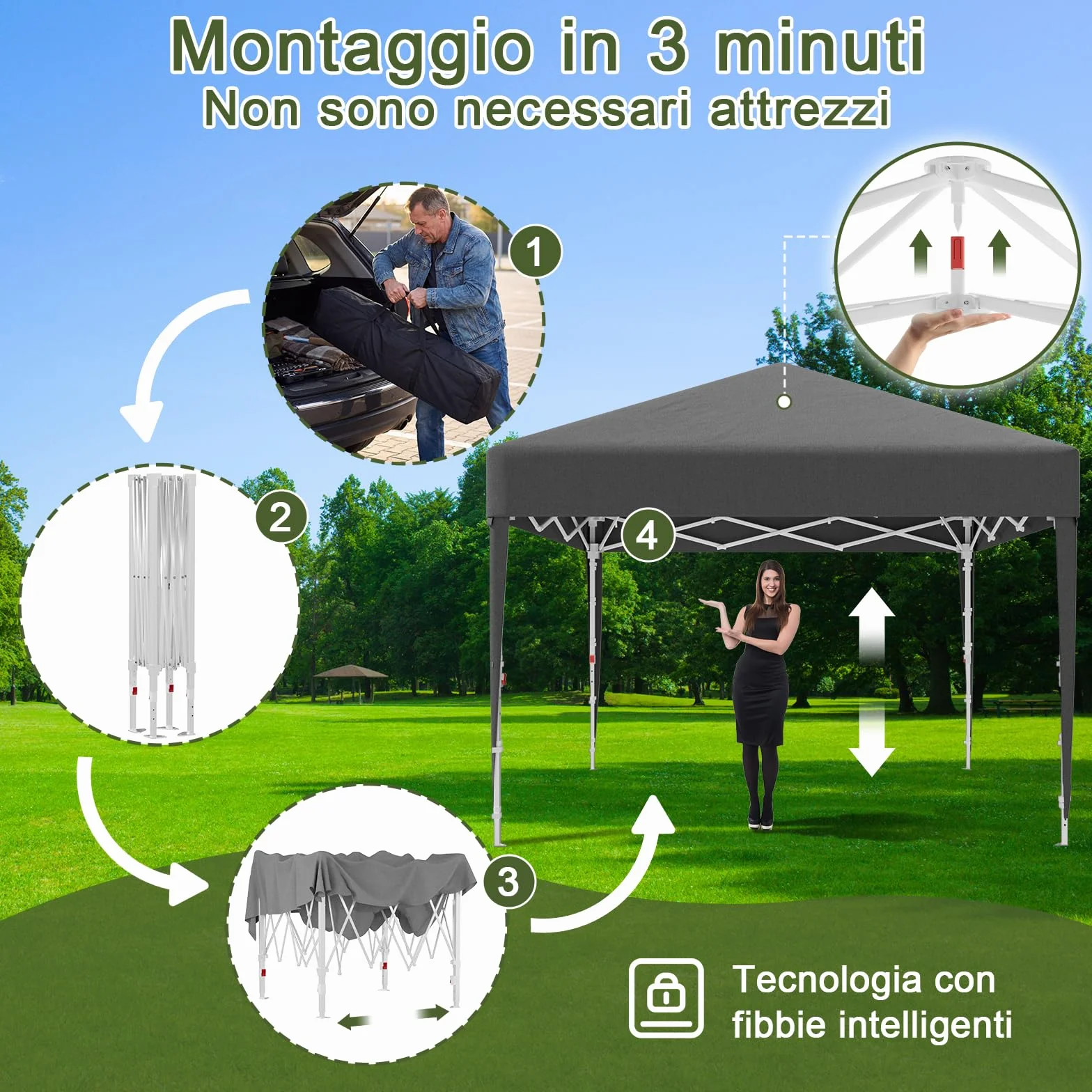 Devoko Gazebo Pieghevole 3x3 Impermeabile Stabile Invernale con Finestra a Rete Aerata, Protezione UV 50+, Tenda da Giardino Campeggio Grigio