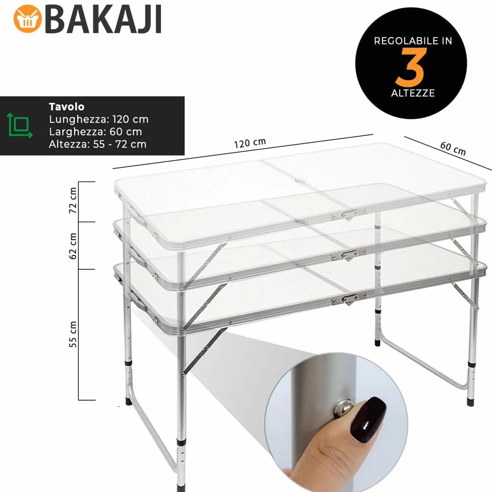BAKAJI Set Tavolo Pieghevole 120x70 cm con 4 Sgabelli da Pic Nic per Campeggio Spiaggia