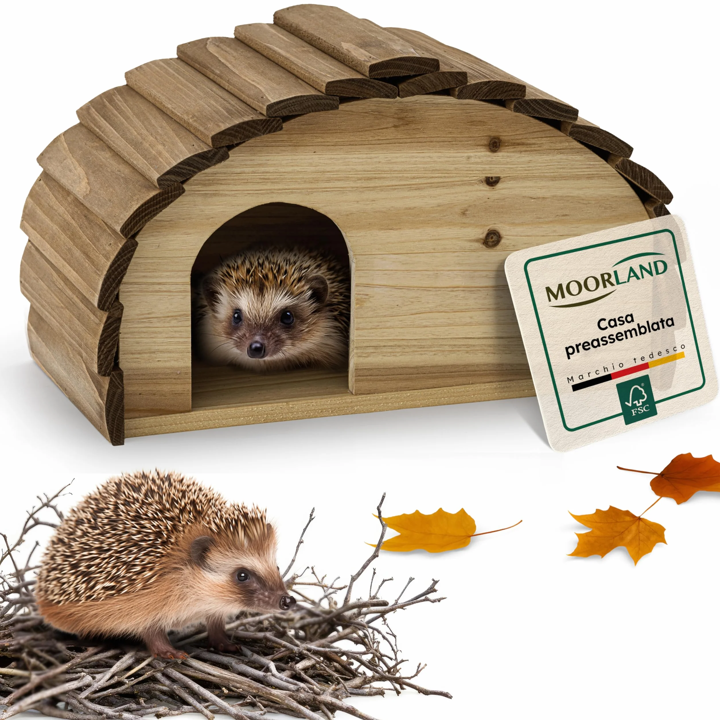 Moorland Casetta per ricci – Rifugio invernale 35×21 cm con base fissa, ingresso ventilato a labirinto e tetto fisso, in legno FSC, resistente alle intemperie per giardino