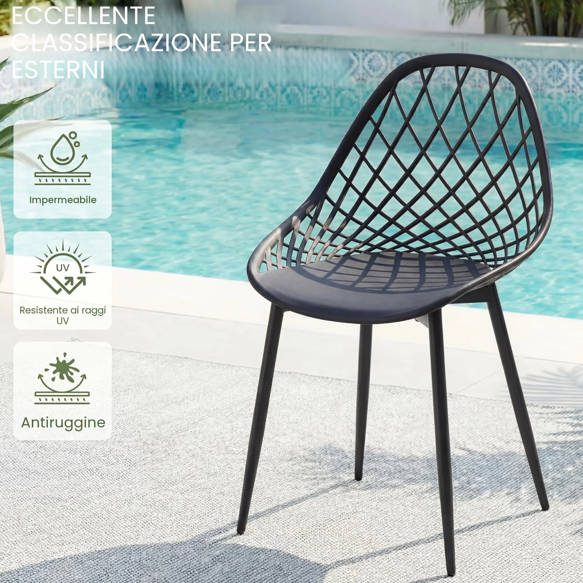 Sedie da Esterno, Set di 6, Schienale in Plastica Traforato, Piedi in Metallo, Polipropilene, Nero
