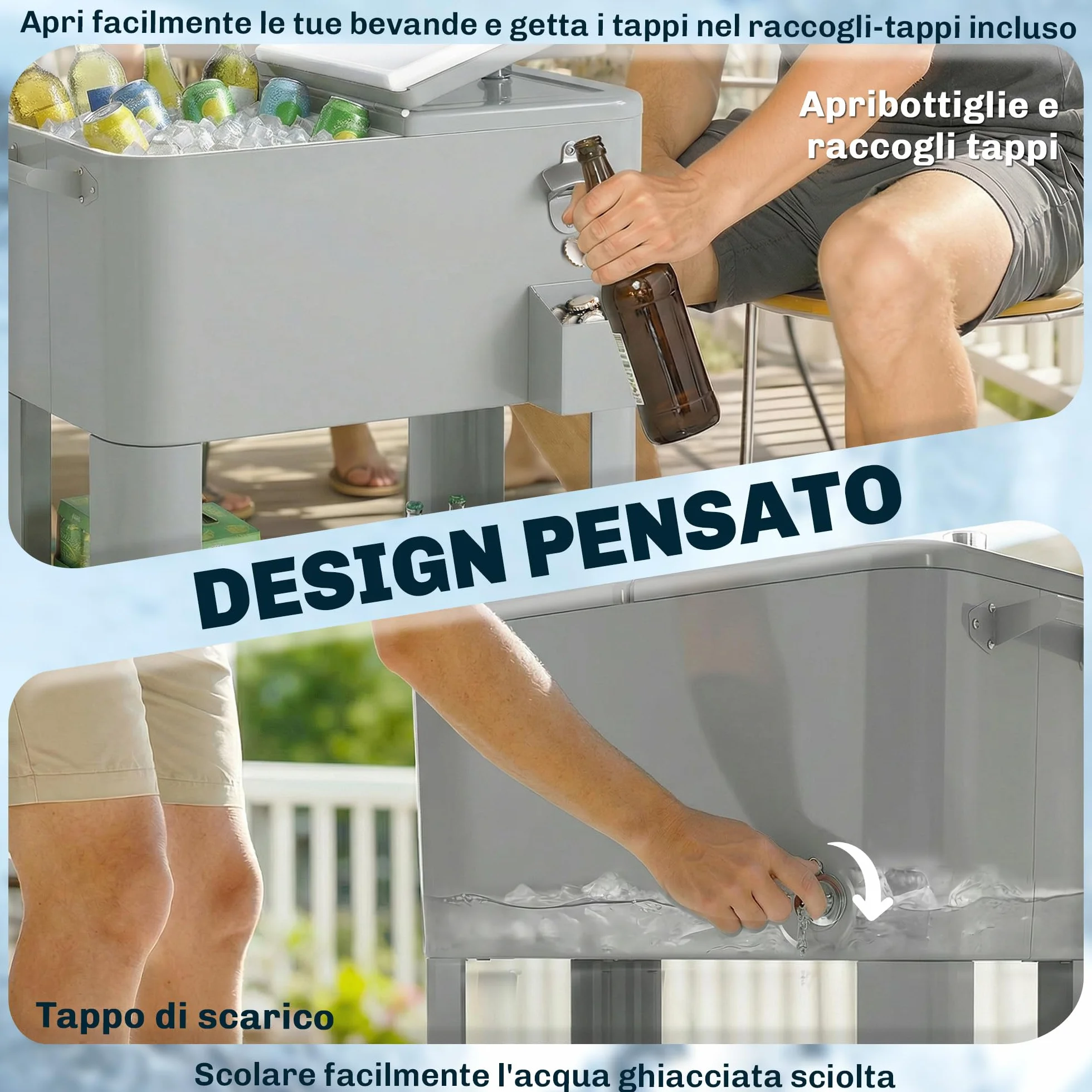 Outsunny Ghiacciaia da Giardino 76L, Carrello Portavivande con Ripiano, Apribottiglie, Ruote Bloccabili, Argento