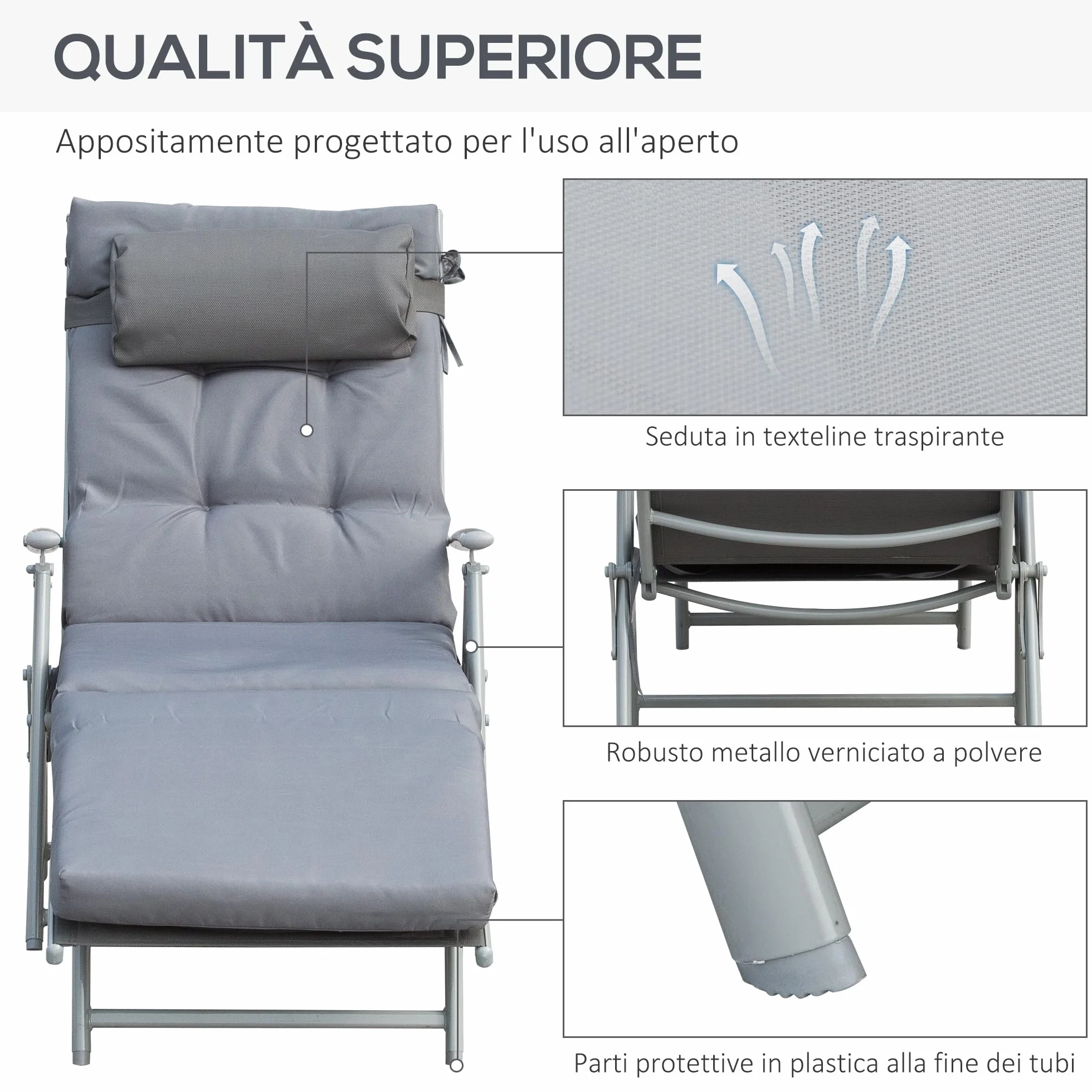 Outsunny Sdraio da Giardino Pieghevole 137x63.5x100.5cm Grigio con Materassino e Cuscino