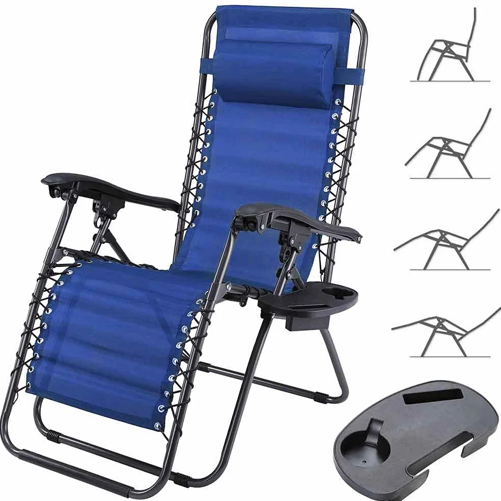BAKAJI Sedia a Gravità Zero Pieghevole Salvaspazio con Vassoio Acciaio 22mm Reclinabile Texilene Blu