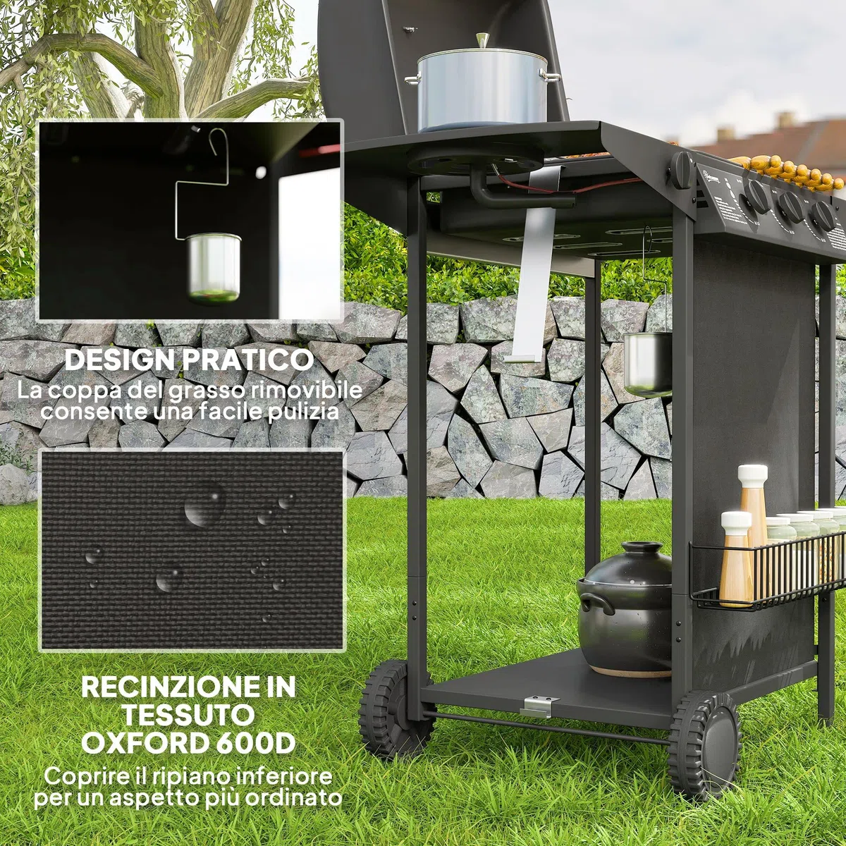 Outsunny Barbecue a Gas 4 Bruciatori 9.5kW con Coperchio Termometro Ruote Nero