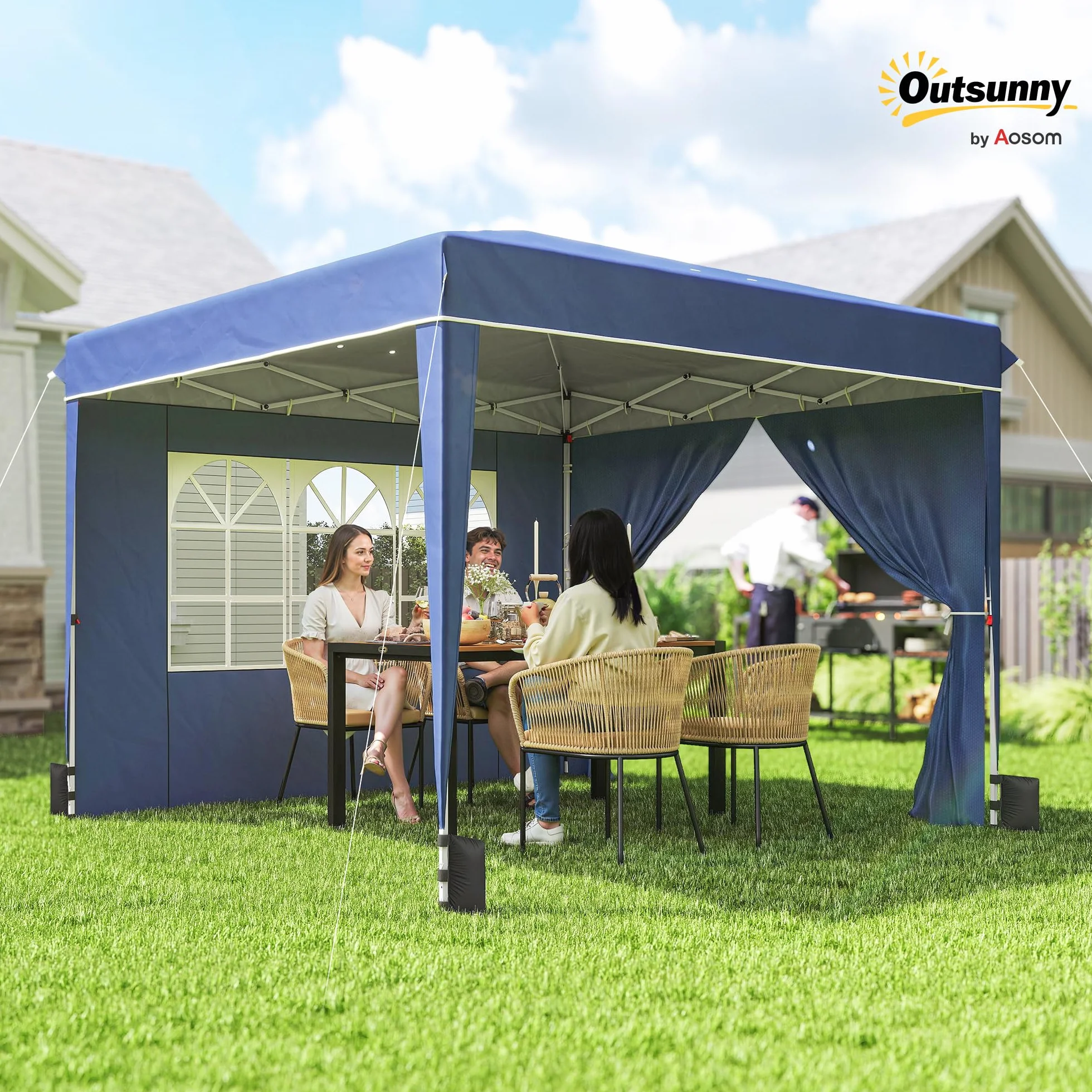 Outsunny Gazebo 3x3m Pieghevole Pop Up Altezza Regolabile, Gazebo da Giardino con Pareti Laterali, UV50+, Blu Scuro