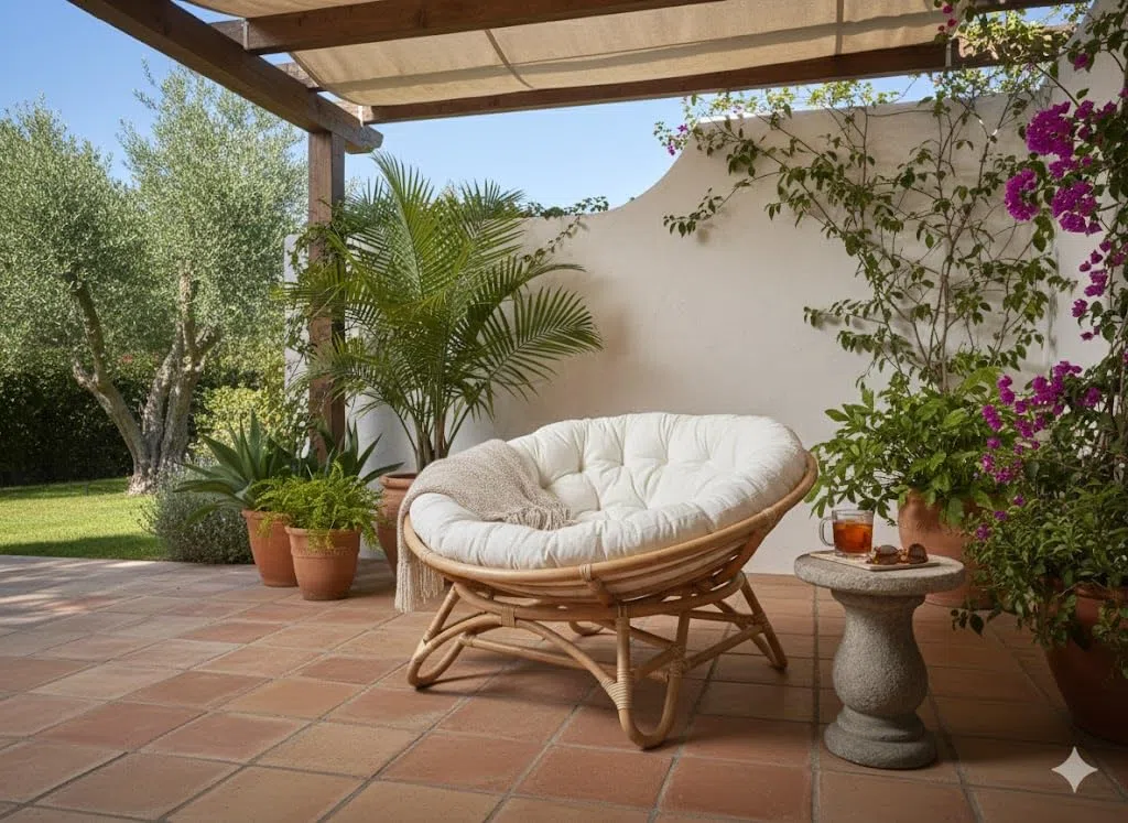 Poltrona in rattan naturale Papasan Ø 115 con cuscino, rotonda per esterno giardino veranda