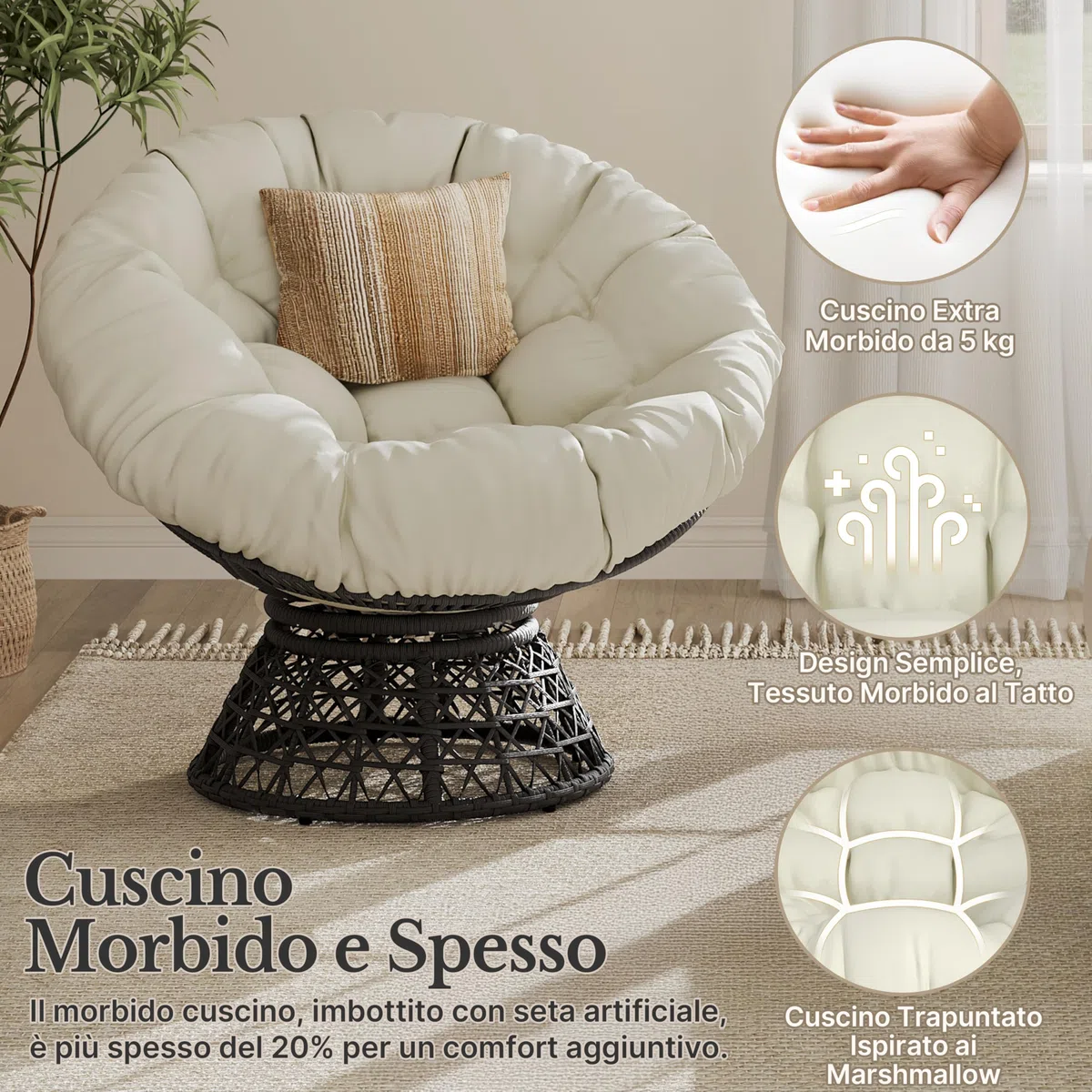 Yaheetech Poltrona da Giardino Girevole 360° Rattan Sedia Dondolo Rotonda Papasan Cuscino Diametro 120 cm Nero/Beige