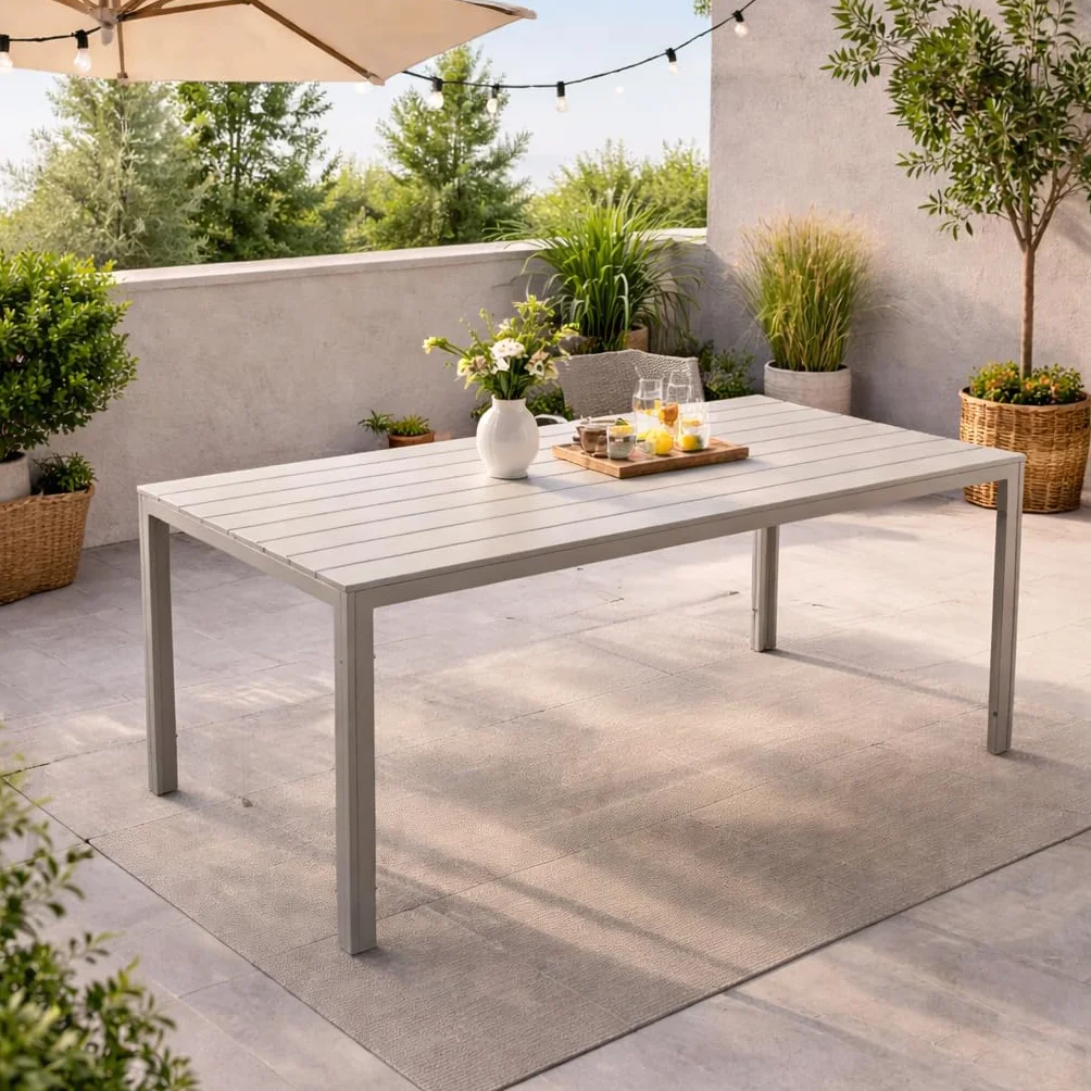 IlGruppone Tavolo da Esterno 154x78 cm Acciaio Inox HDPE Effetto Legno 6/8 Posti Beige