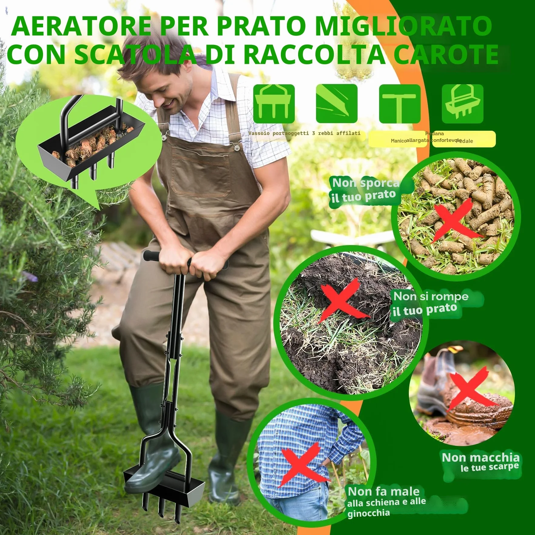 EEIEER Arieggiatore per Prato Manuale, Arieggiatore Manuale Aeratore Prato con Vassoio di Stoccaggio e Attrezzo da Giardino, Aeratore per Prato Scarificatore per Prato Arieggiatore Prato