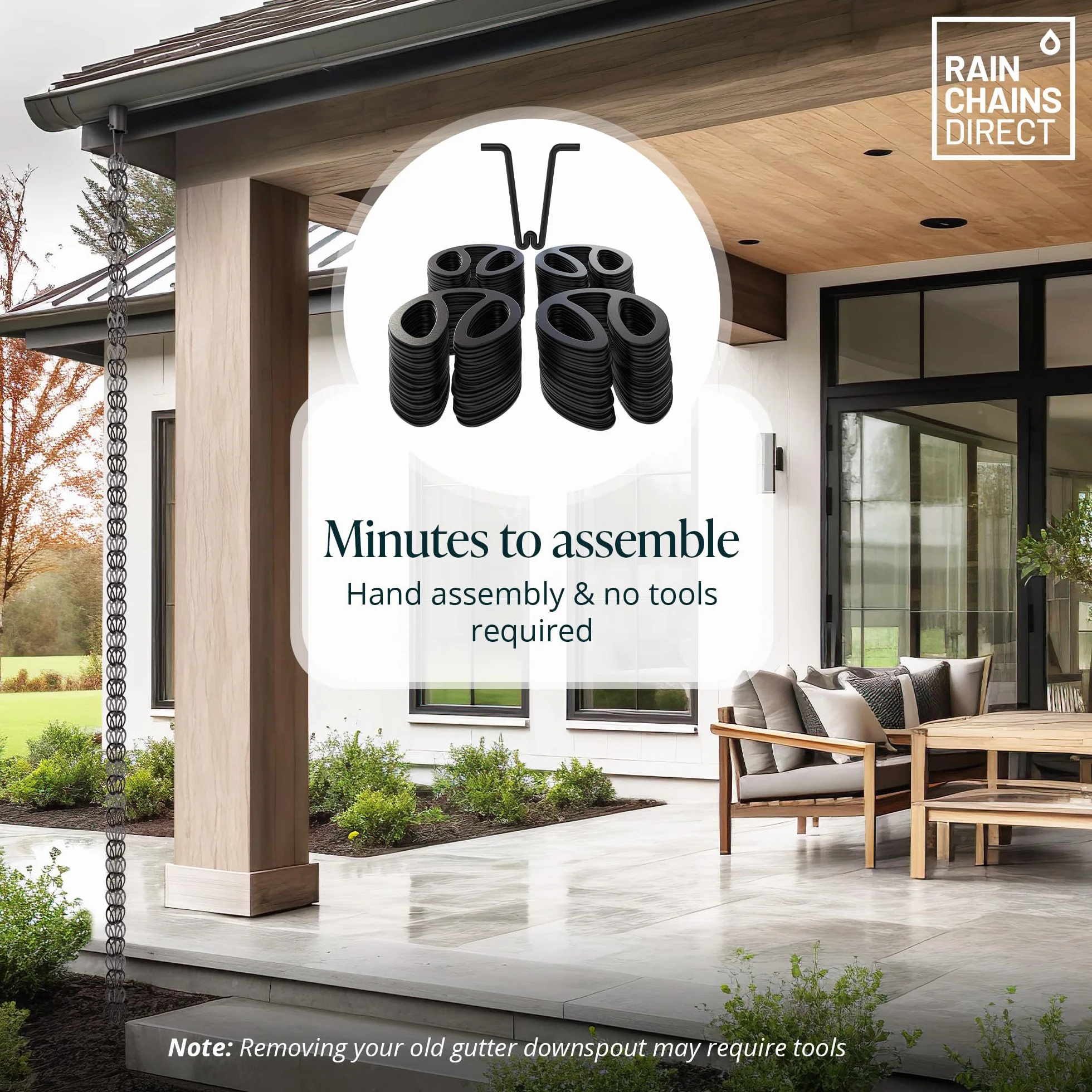 Rain Chains Direct Passante Moderno, Lunghezza 2,5 m, Alluminio, Verniciato a Polvere Nera, Ricambio Funzionale e Decorativo per pluviali grondaie