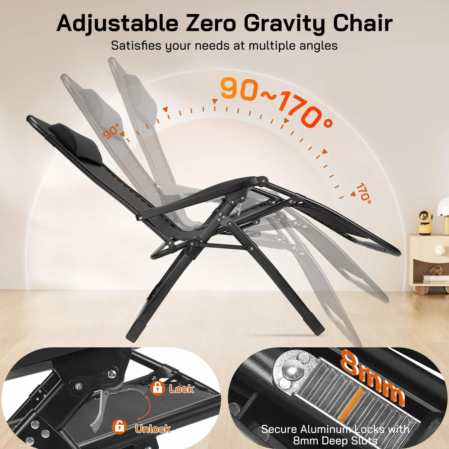 Sdraio da giardino 2 in 1 pieghevole regolabile 90°-170° portata 440LBS cuscino rimovibile 83 cm nero