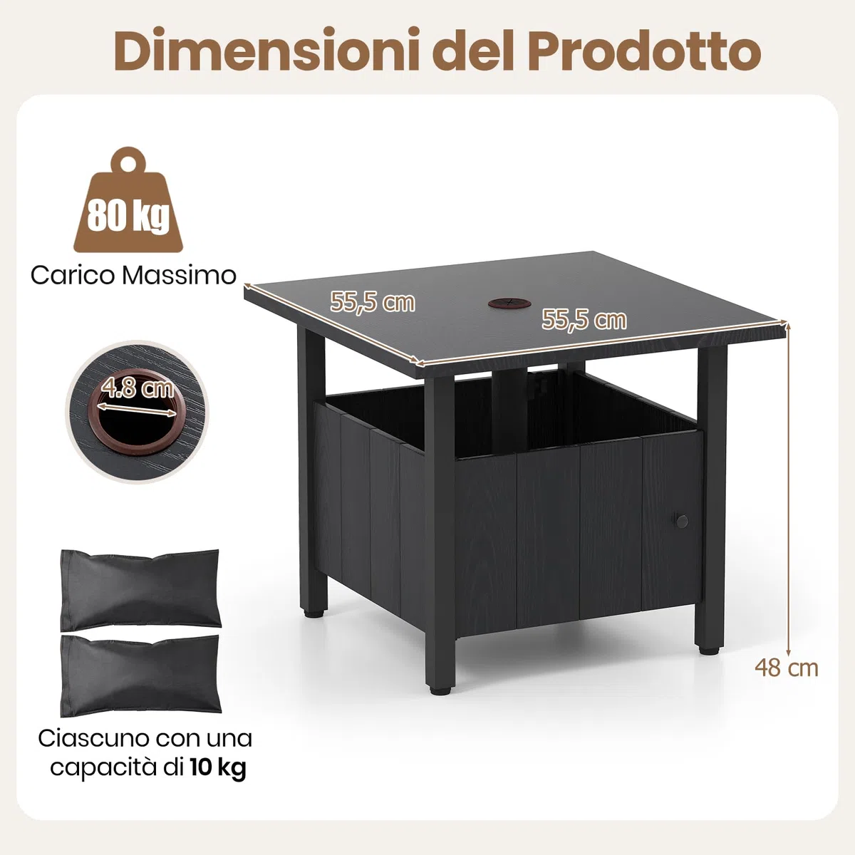 RELAX4LIFE 2 in 1 Tavolino Laterale in Metallo con Foro per Ombrellone 5cm Manopole Regolabili Tavolo da Giardino 80KG 55,5x55,5x48cm