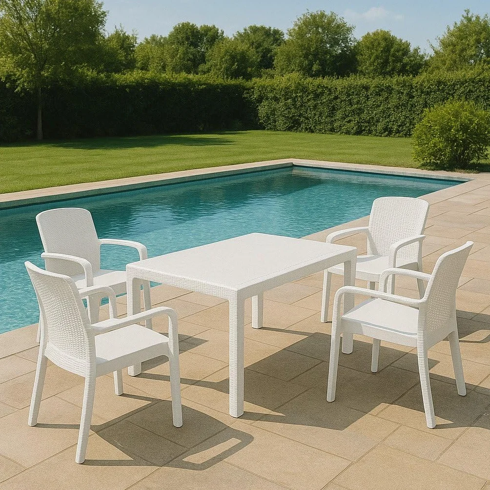 Dmora Set Salotto da Esterno Tarquinia, Salottino Outdoor e Indoor, Tavolo Rettangolare con 4 Sedie Impilabili, Bianco