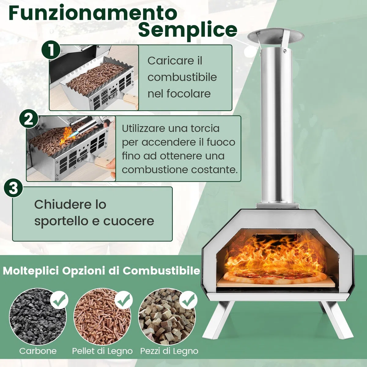 COSTWAY Forno per Pizza da Esterno a Legna con Pala, Pietra e Gambe Pieghevoli, Modello 8