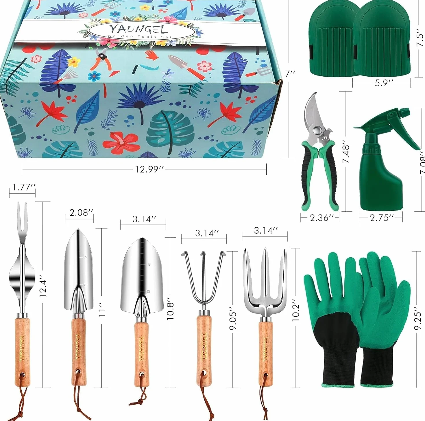 YAUNGEL Set di attrezzi da giardinaggio, 10 pezzi in acciaio inossidabile ad uso intensivo con manico in legno antiscivolo, strumenti da giardinaggio per donne e uomini, Verde