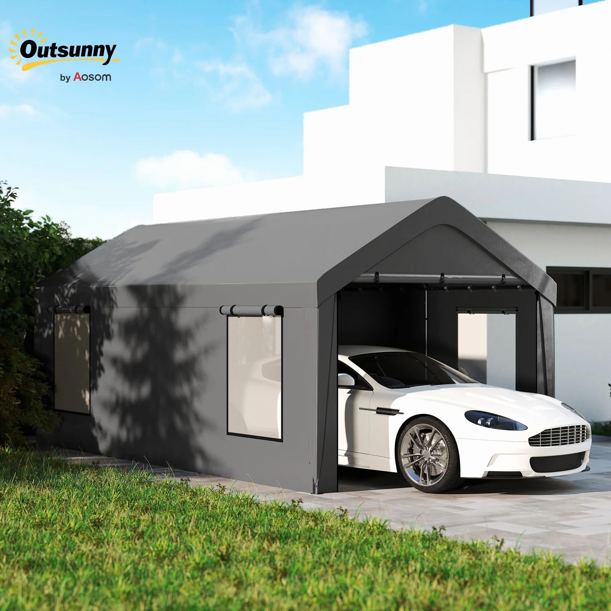 Outsunny Tenda da garage per auto coperto, 3 x 6 m, tenda per esterni con pareti laterali rimovibili e ante scorrevoli, 4 finestre