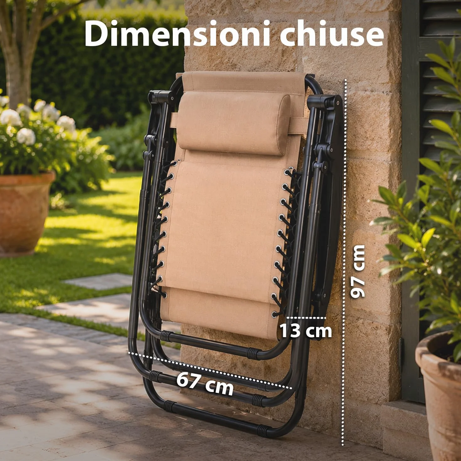 Avilia - Sedia da Giardino Pieghevole con Vassoio Laterale Portabevande – Ferro, Seduta Teslin, 120 kg | Sedia Giardino Pieghevole Reclinabile, L65×P87/176×A108/80 cm, Facile da Pulire