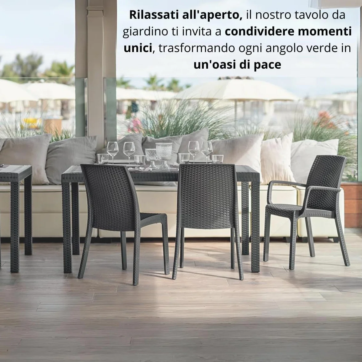 Tomaino Set Tavolo e Sedie Da Giardino in Plastica 4 Posti Impilabili Effetto Rattan Nero